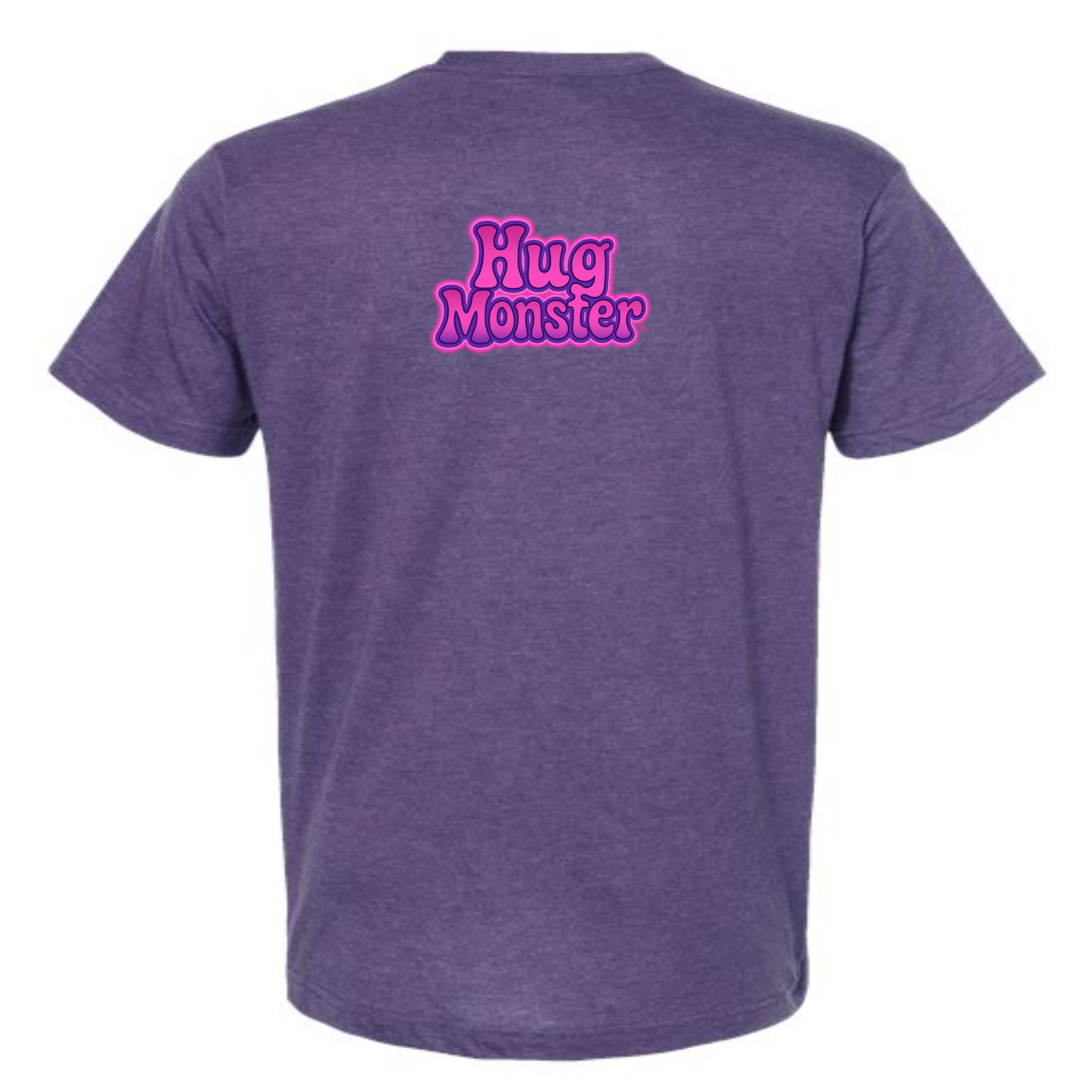 Hug Monster "Retro Bubble" (Pink and Purple) T-Shirt - Positive Message Graphic Tee in Heather Purple – Back View