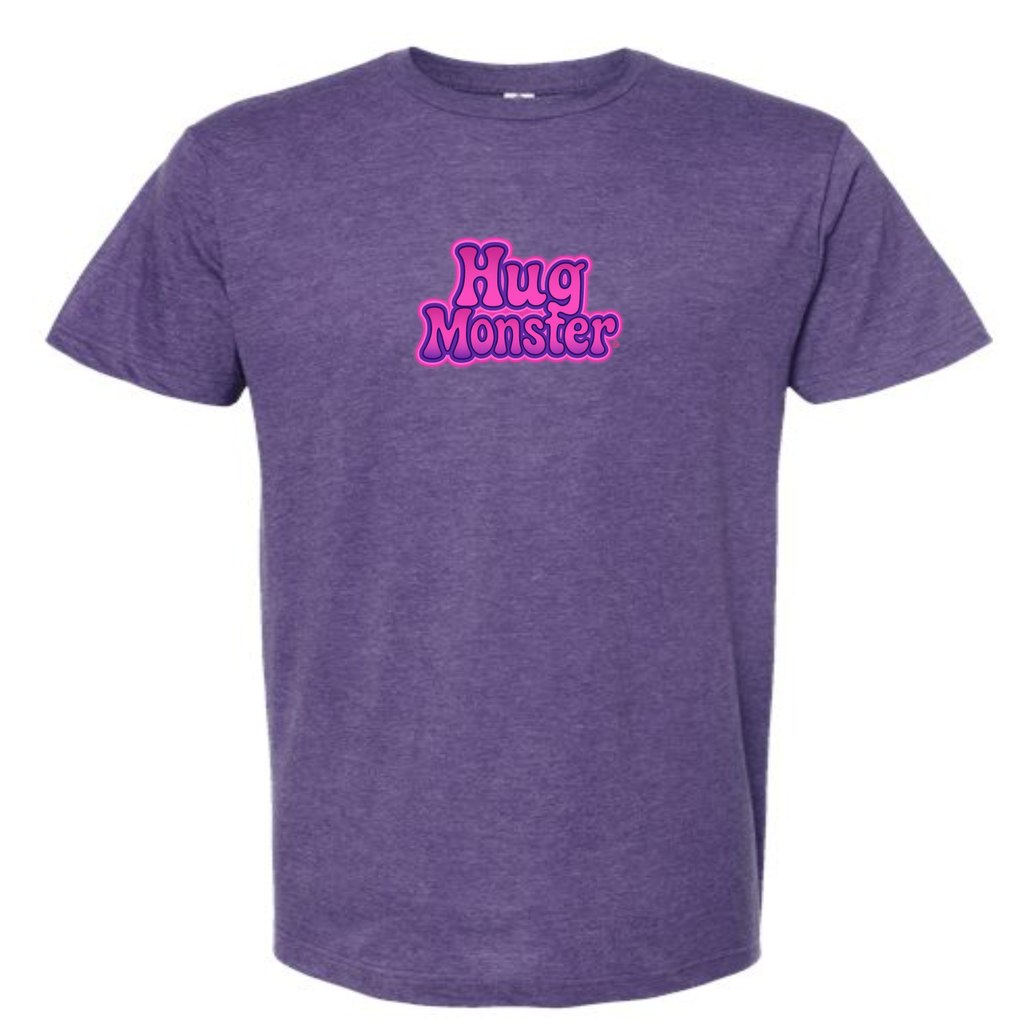 Hug Monster "Retro Bubble" (Pink and Purple) T-Shirt - Positive Message Graphic Tee in Heather Purple – Front View