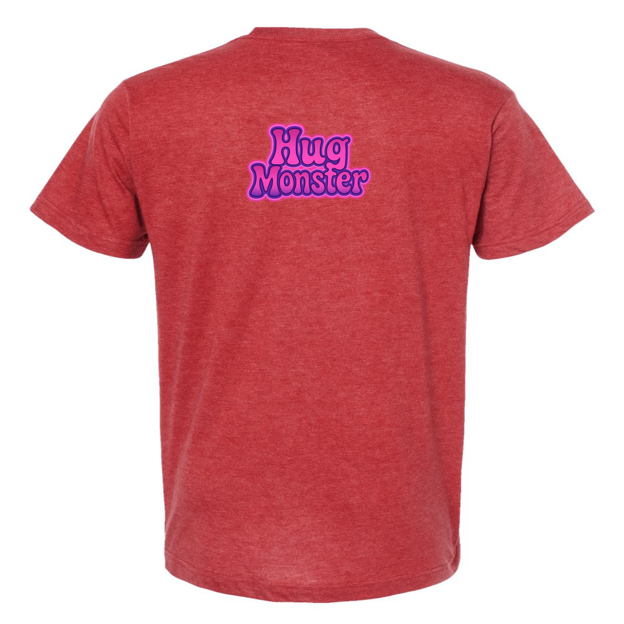 Hug Monster "Retro Bubble" (Pink and Purple) T-Shirt - Positive Message Graphic Tee in Heather Red Scarlet – Back View
