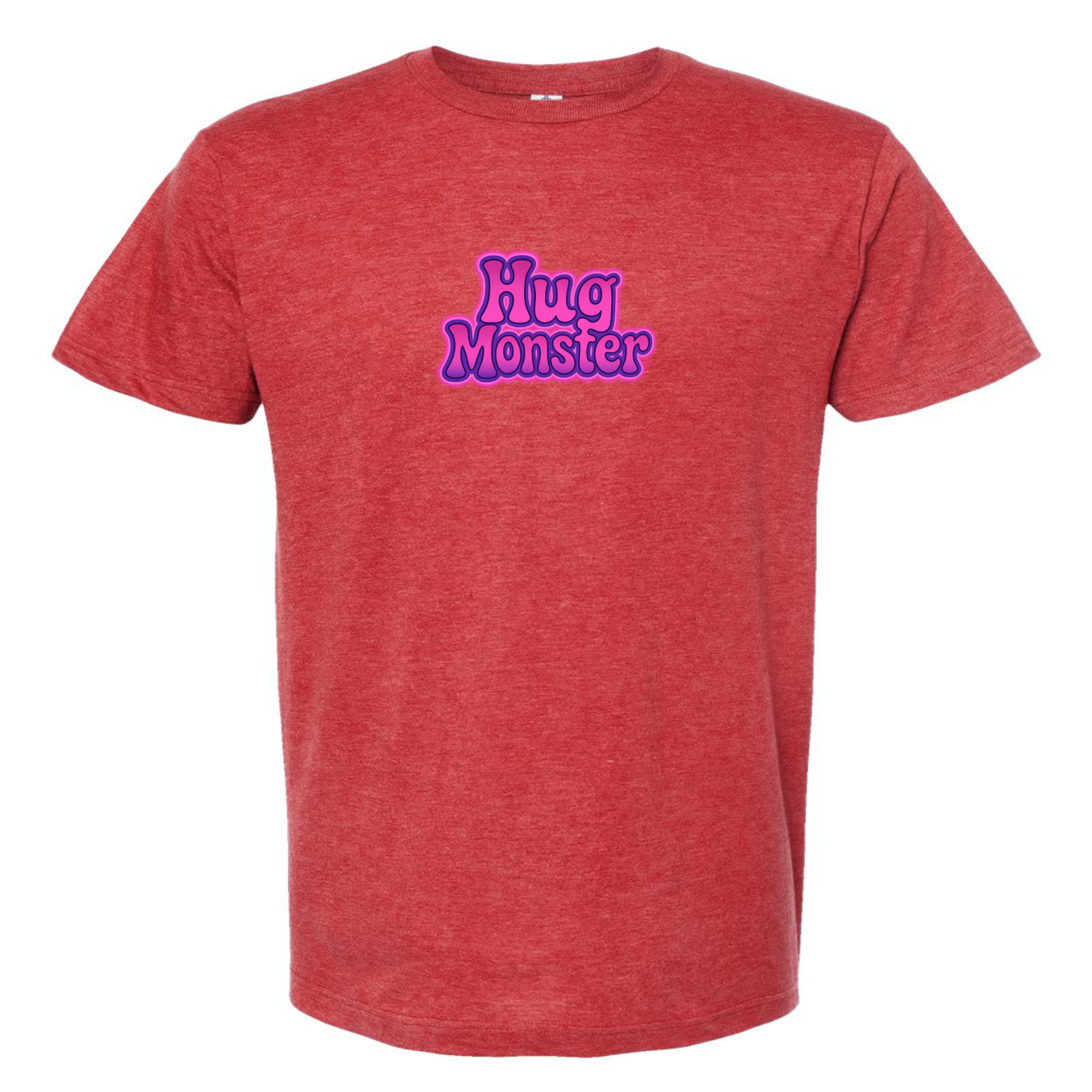 Hug Monster "Retro Bubble" (Pink and Purple) T-Shirt - Positive Message Graphic Tee in Heather Red Scarlet – Front View