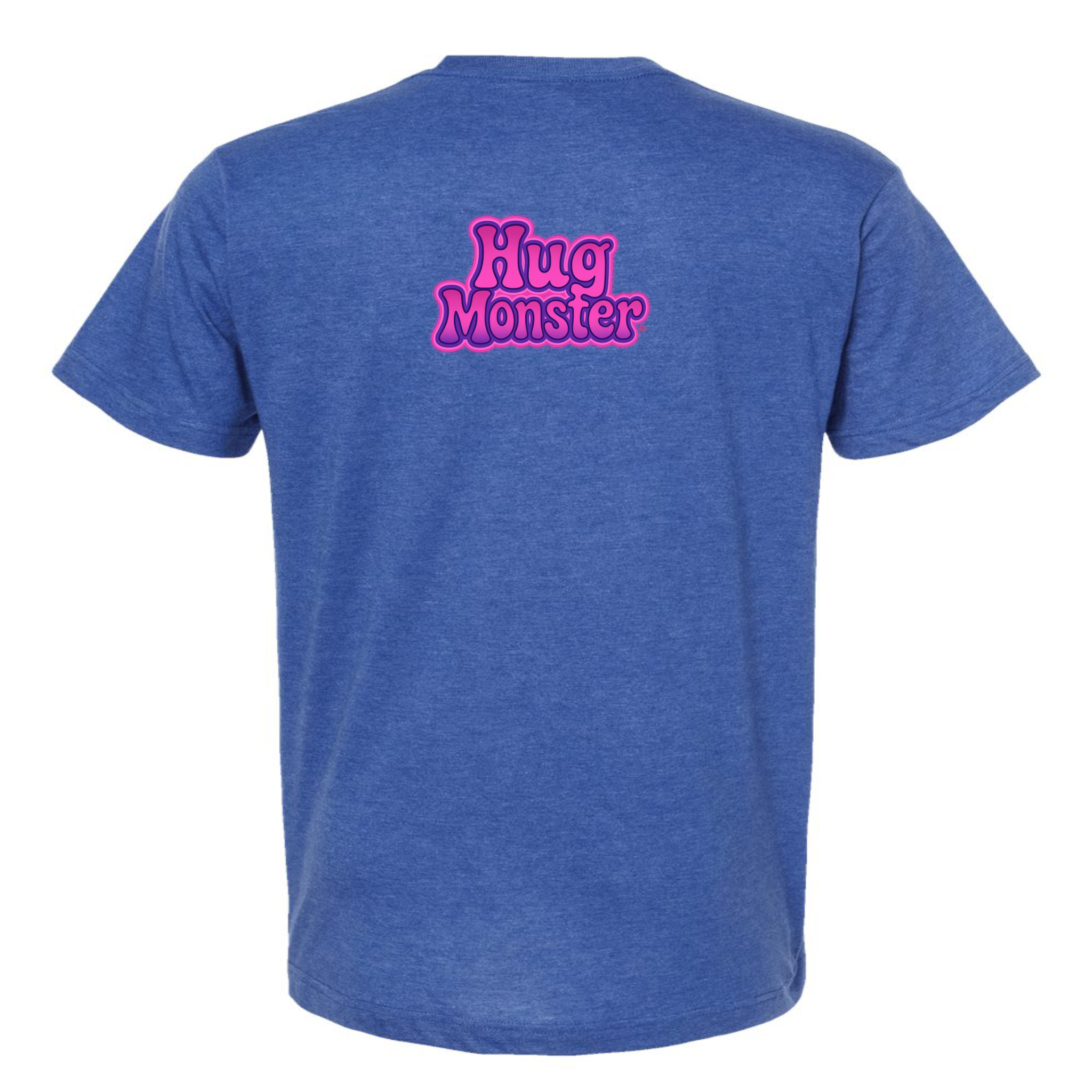 Hug Monster "Retro Bubble" (Pink and Purple) T-Shirt - Positive Message Graphic Tee in Heather Royal Blue – Back View