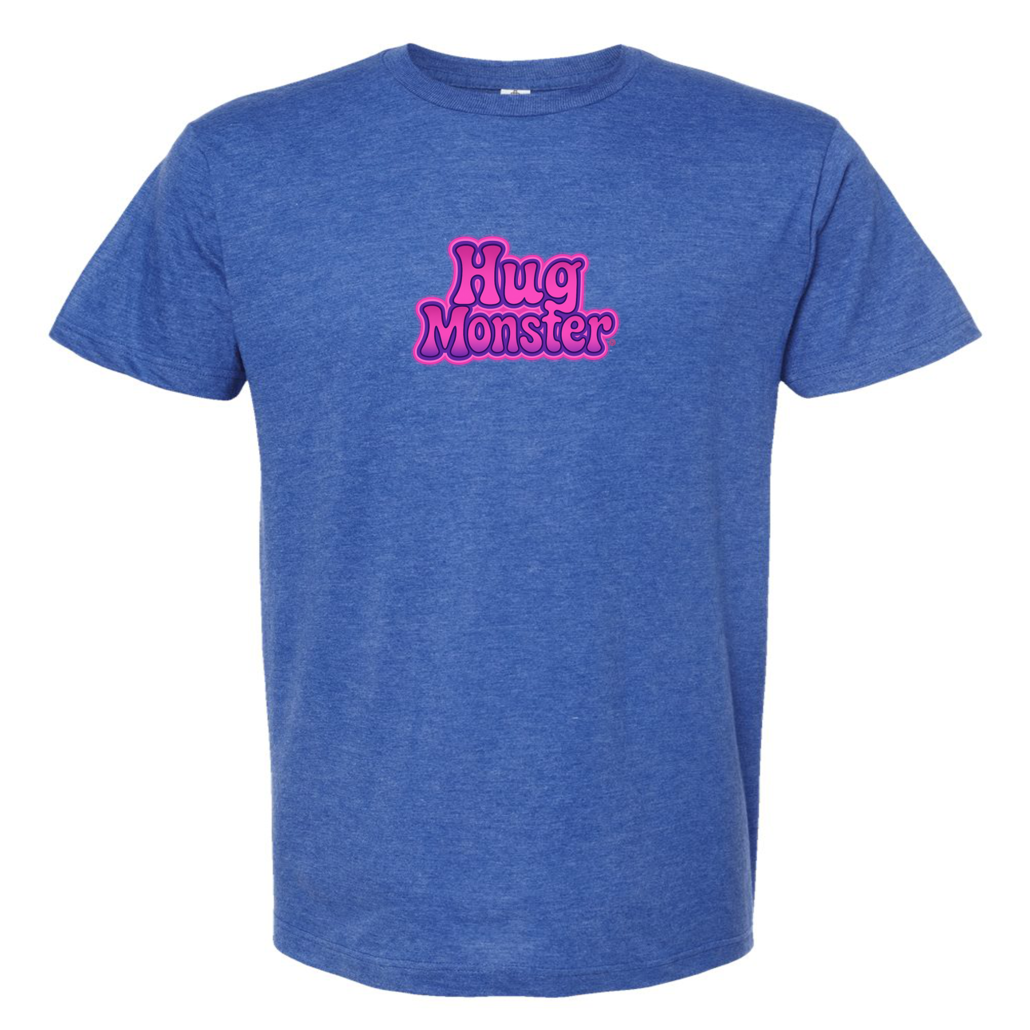Hug Monster "Retro Bubble" (Pink and Purple) T-Shirt - Positive Message Graphic Tee in Heather Royal Blue – Front View