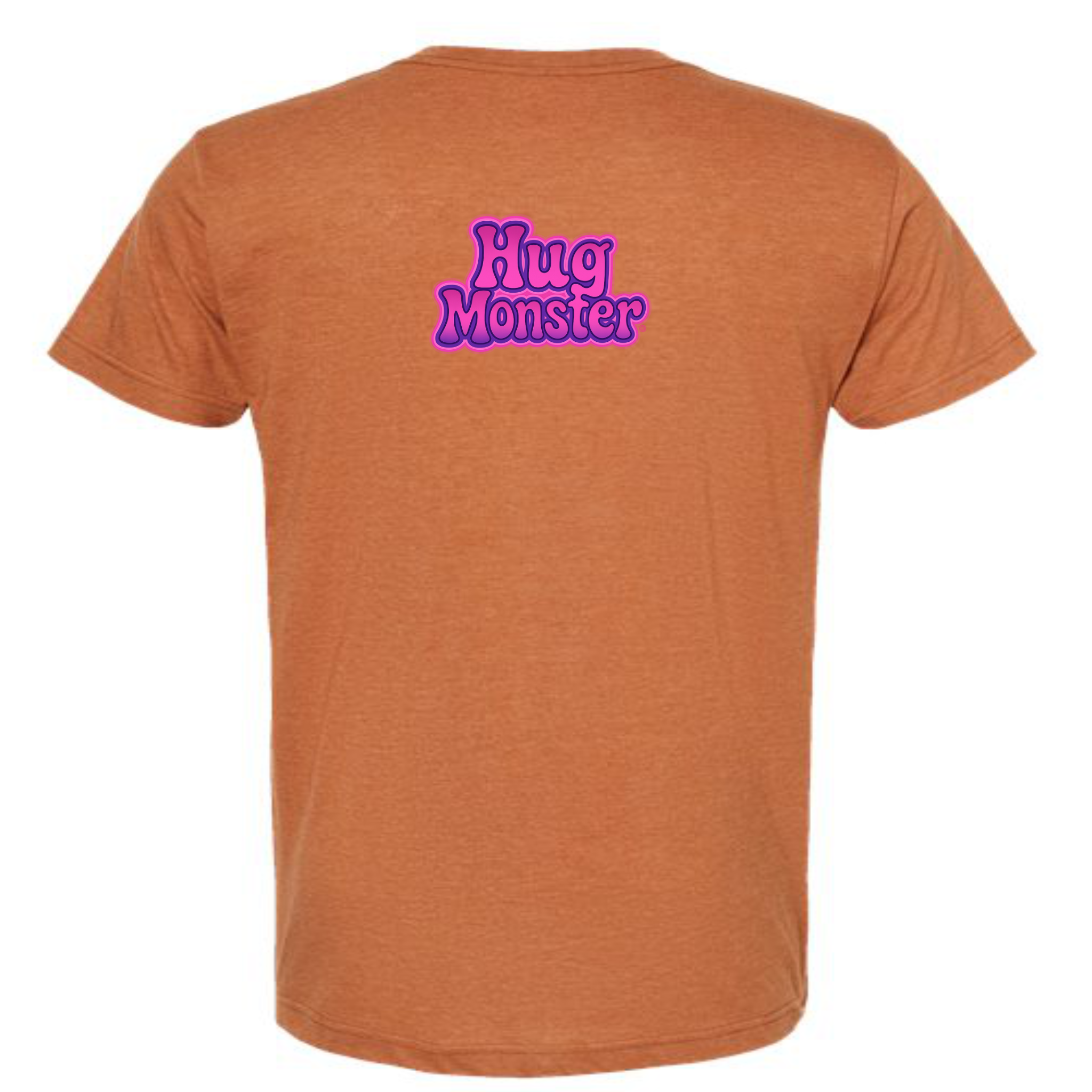 Hug Monster "Retro Bubble" (Pink and Purple) T-Shirt - Positive Message Graphic Tee in Heather Rust – Back View
