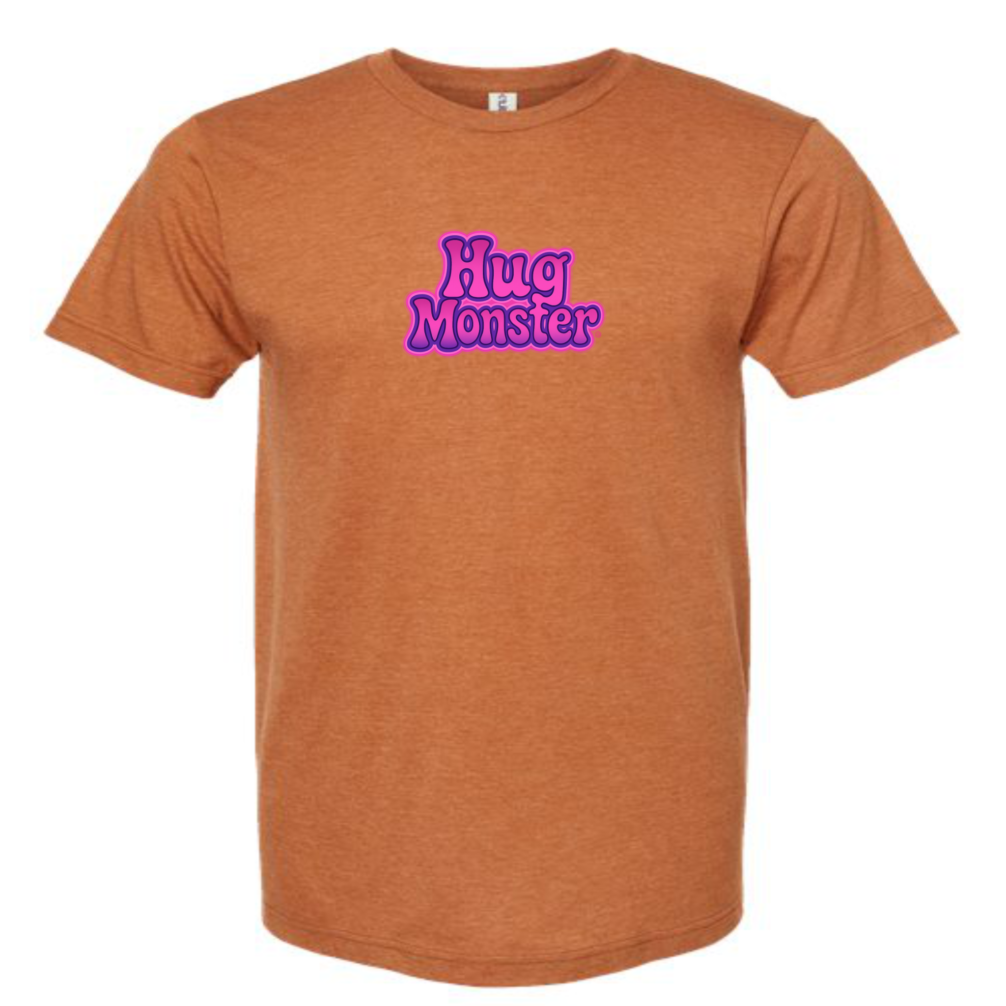 Hug Monster "Retro Bubble" (Pink and Purple) T-Shirt - Positive Message Graphic Tee in Heather Rust – Front View