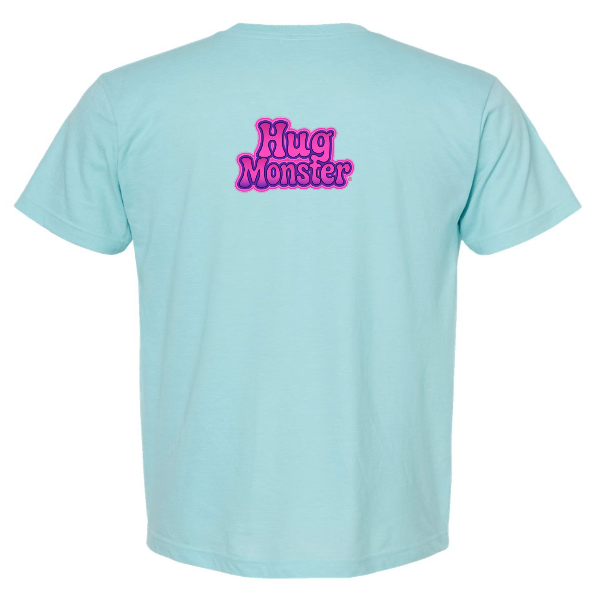 Hug Monster "Retro Bubble" (Pink and Purple) T-Shirt - Positive Message Graphic Tee in Heather Turquoise – Back View