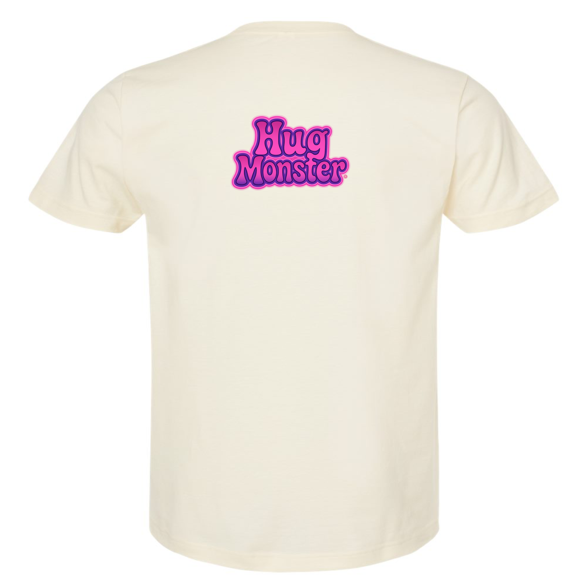 Hug Monster "Retro Bubble" (Pink and Purple) T-Shirt - Positive Message Graphic Tee in Natural – Back View