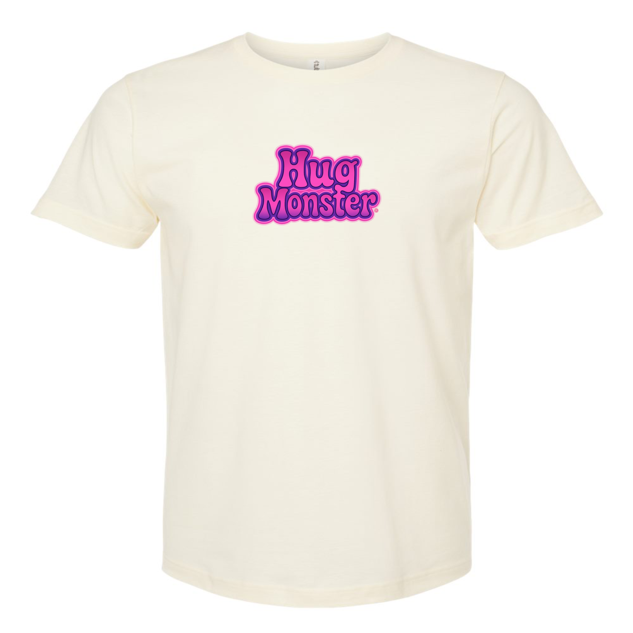 Hug Monster "Retro Bubble" (Pink and Purple) T-Shirt - Positive Message Graphic Tee in Natural – Front View