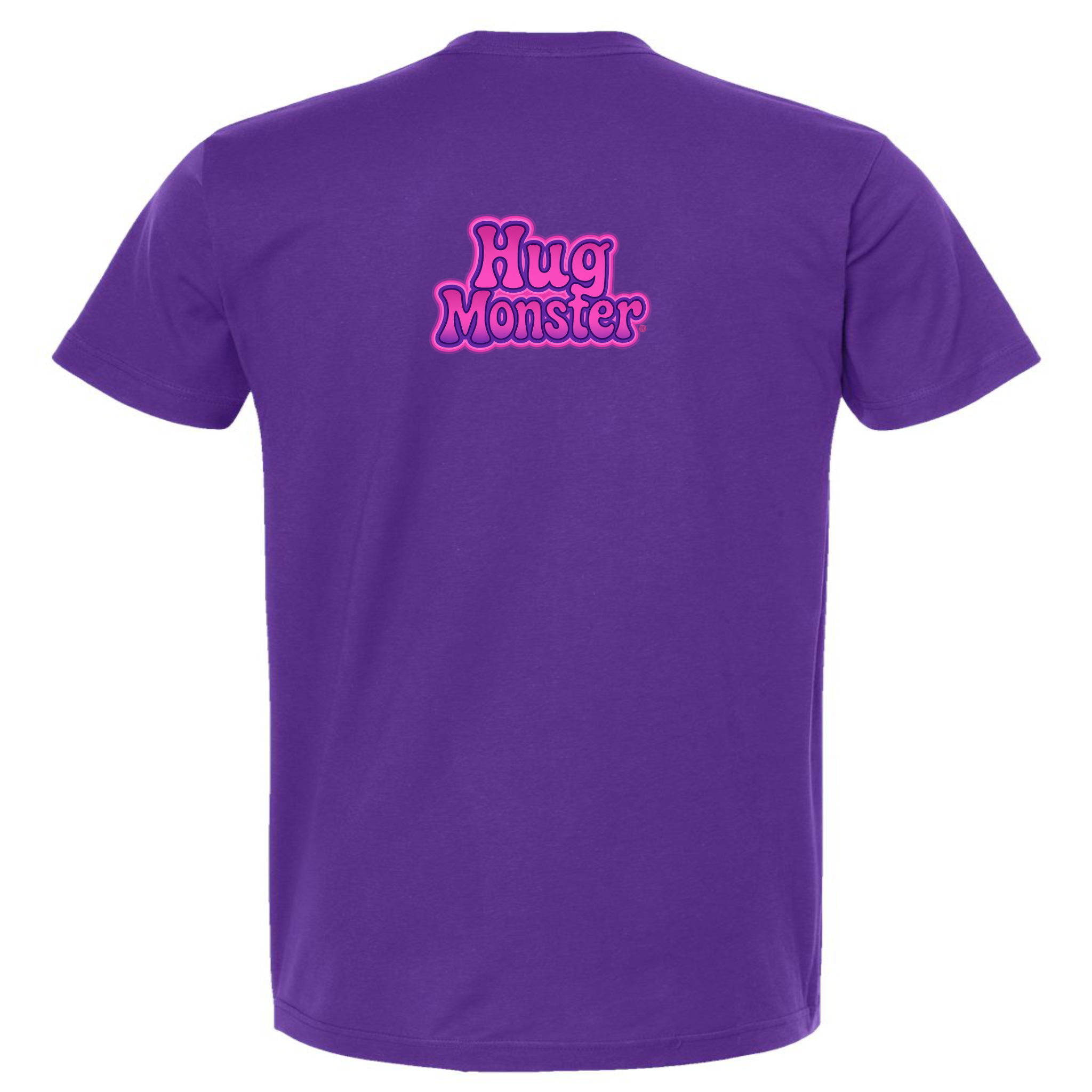 Hug Monster "Retro Bubble" (Pink and Purple) T-Shirt - Positive Message Graphic Tee in Purple – Back View