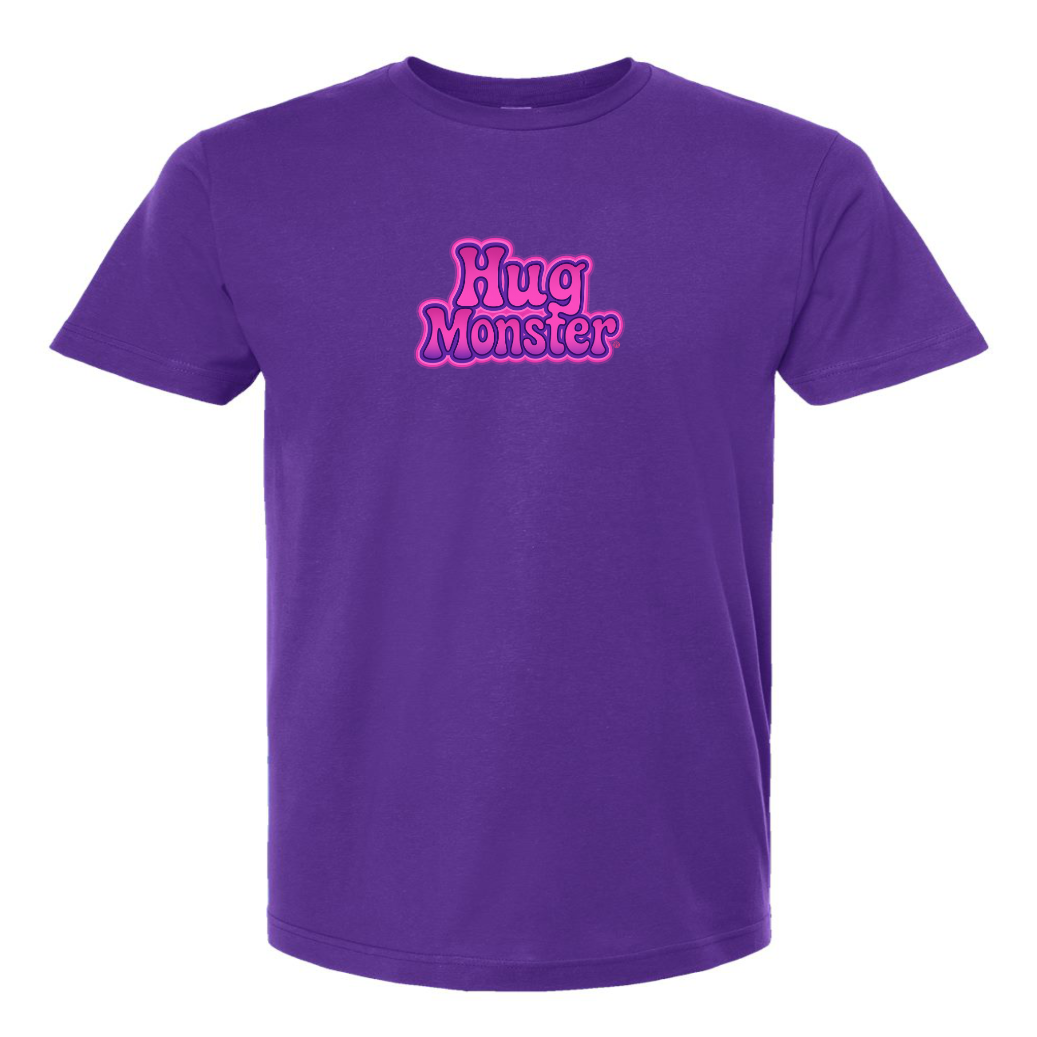 Hug Monster "Retro Bubble" (Pink and Purple) T-Shirt - Positive Message Graphic Tee in Purple – Front View
