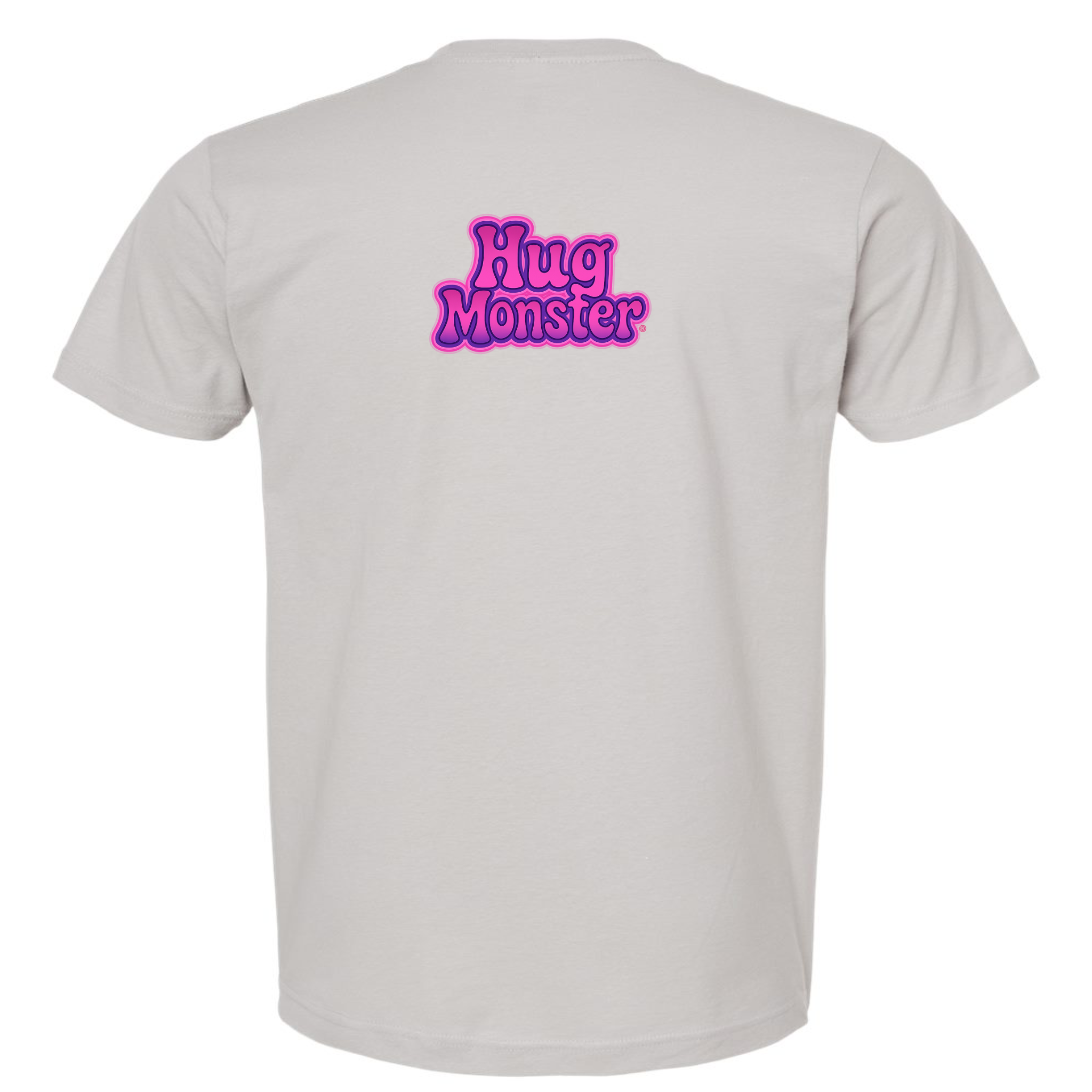 Hug Monster "Retro Bubble" (Pink and Purple) T-Shirt - Positive Message Graphic Tee in Silver – Back View