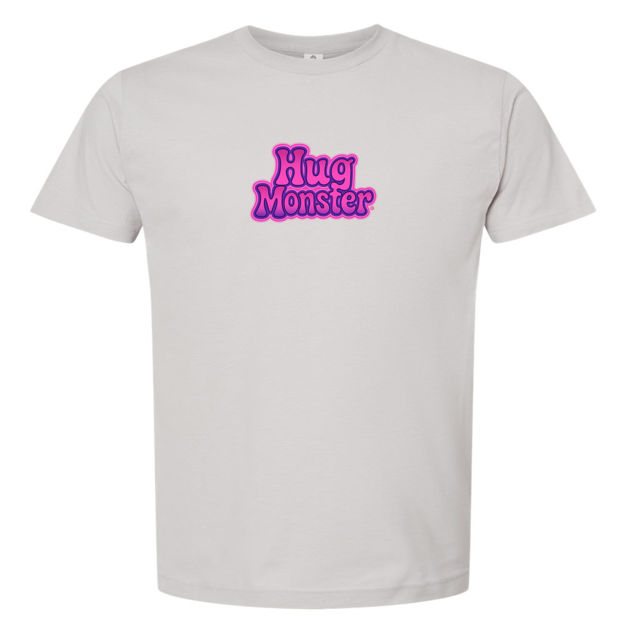 Hug Monster "Retro Bubble" (Pink and Purple) T-Shirt - Positive Message Graphic Tee in Silver – Front View