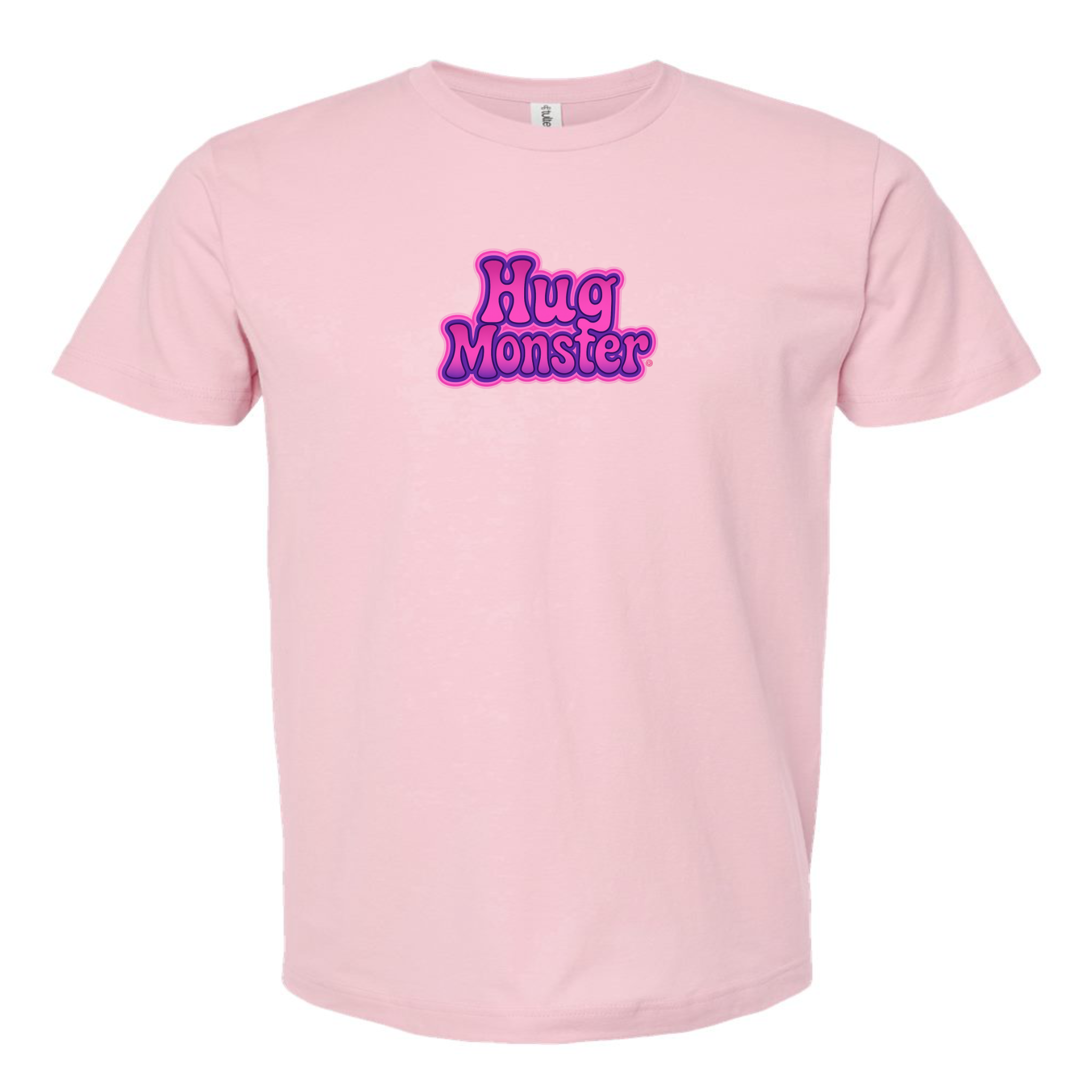 Hug Monster "Retro Bubble" (Pink and Purple) T-Shirt - Positive Message Graphic Tee in Soft Pink – Front View