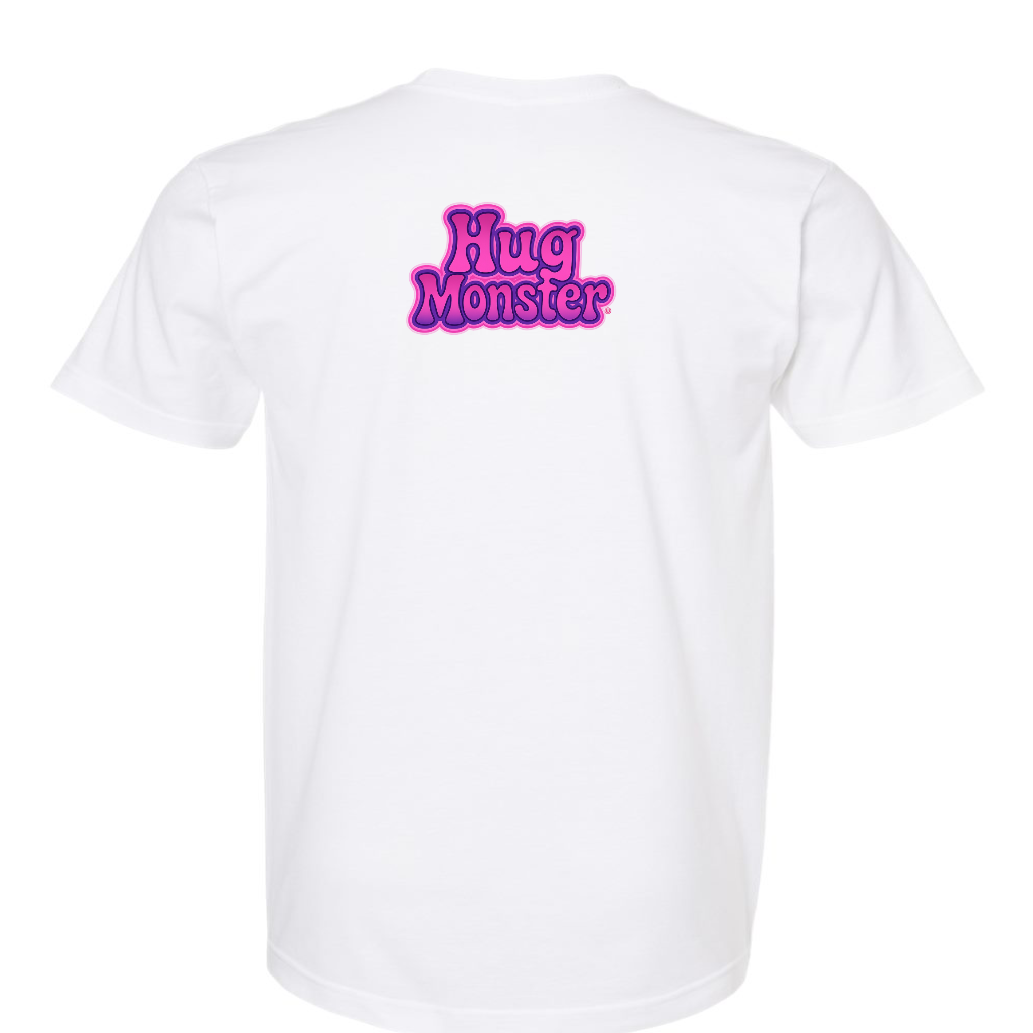 Hug Monster "Retro Bubble" (Pink and Purple) T-Shirt - Positive Message Graphic Tee in White – Back View