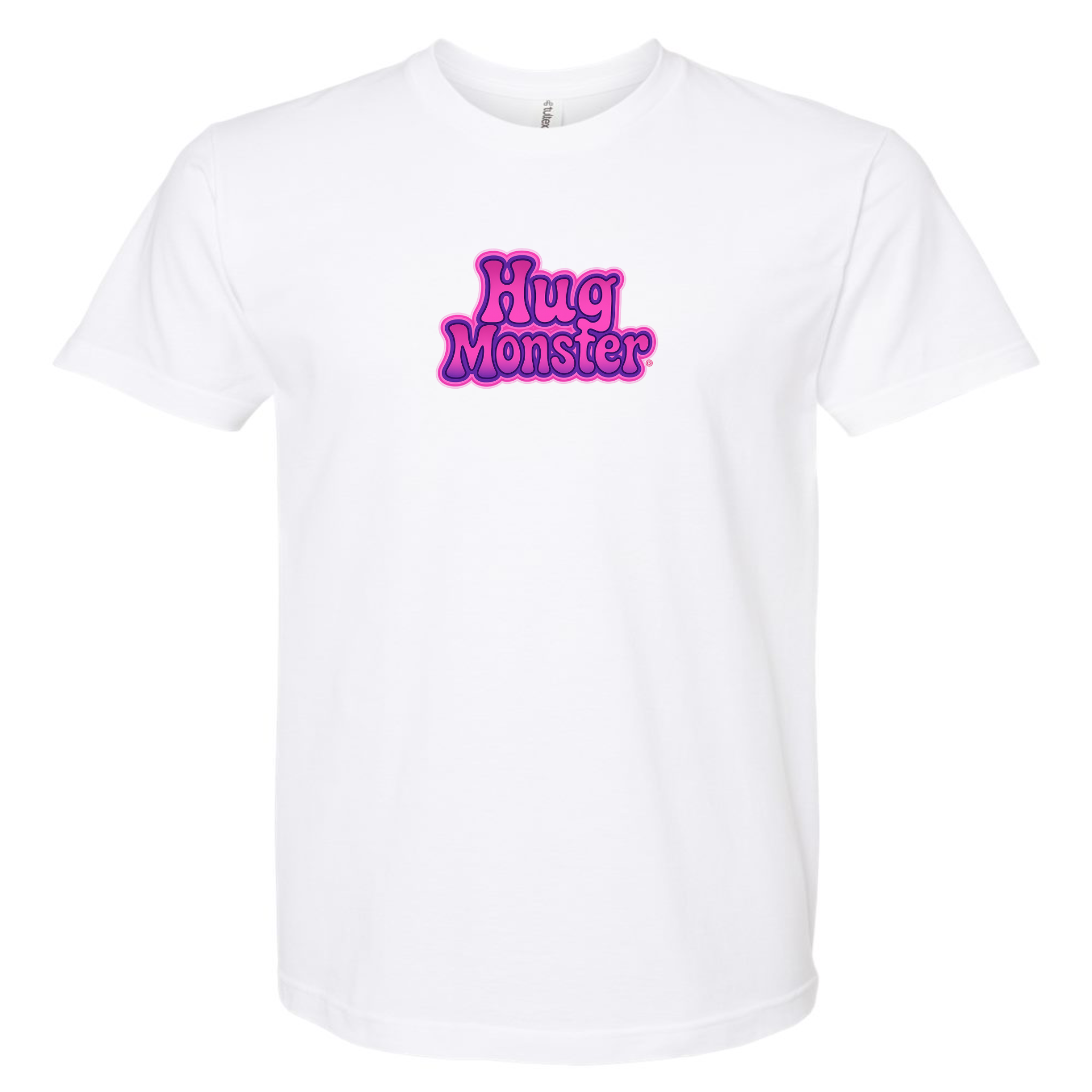 Hug Monster "Retro Bubble" (Pink and Purple) T-Shirt - Positive Message Graphic Tee in White – Front View