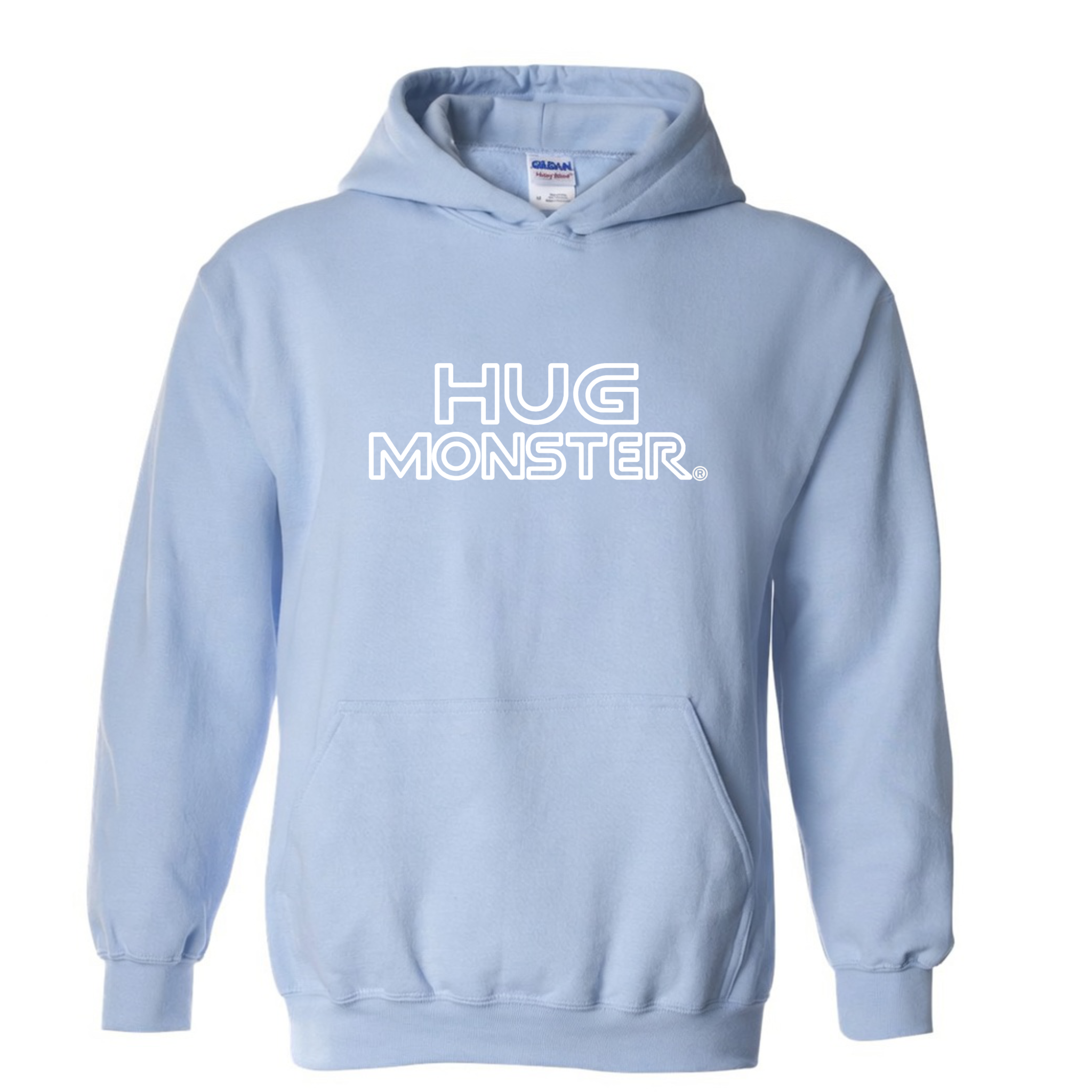 Hug Monster Retro Grid White Outline graphic hoodie in Baby Blue cozy fleece positive message sweatshirt
