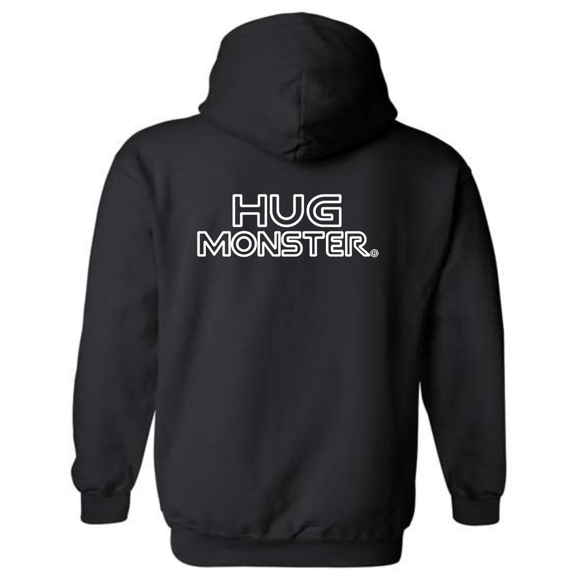 Hug Monster Retro Grid White Outline graphic hoodie in Black cozy fleece positive message sweatshirt