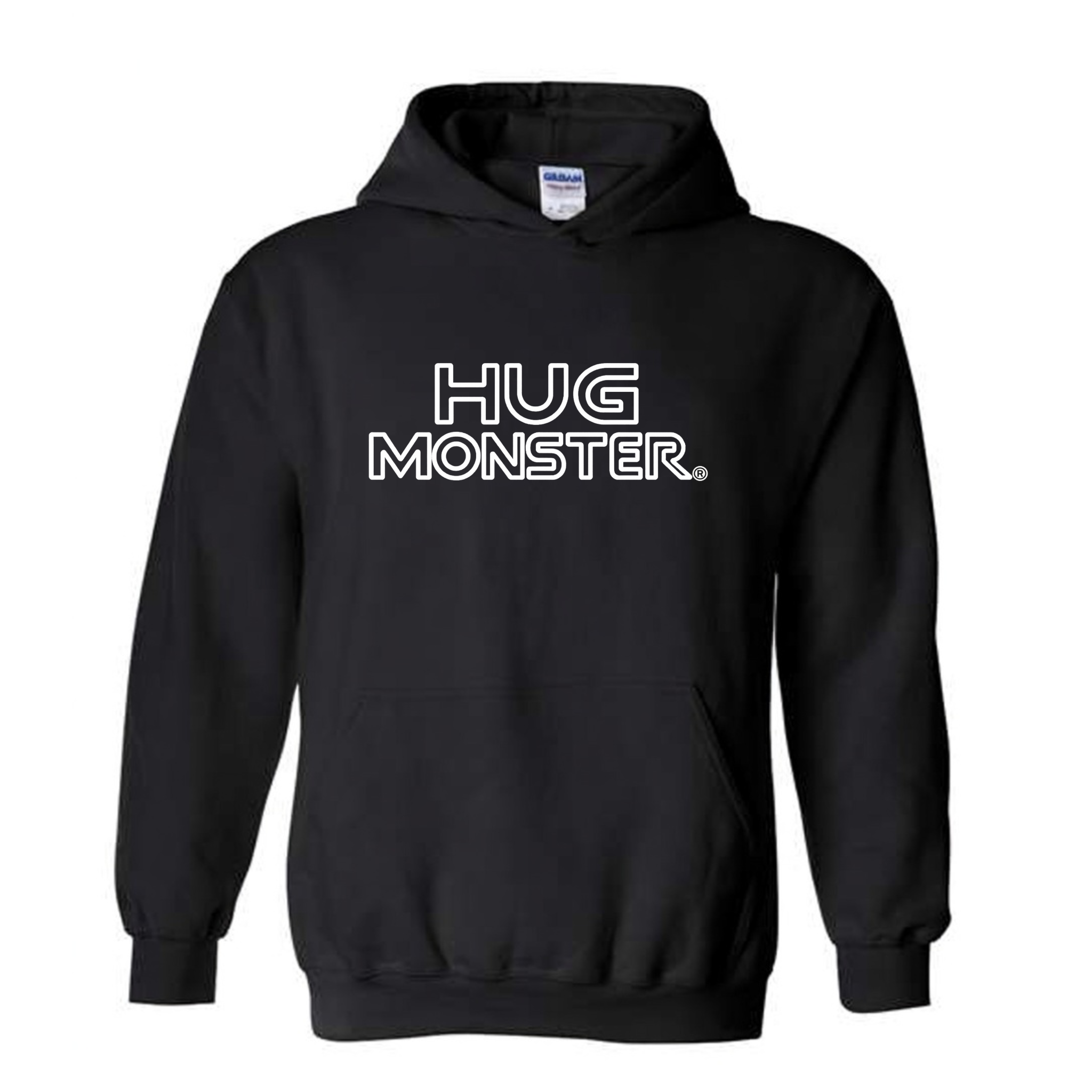 Hug Monster Retro Grid White Outline graphic hoodie in Black cozy fleece positive message sweatshirt