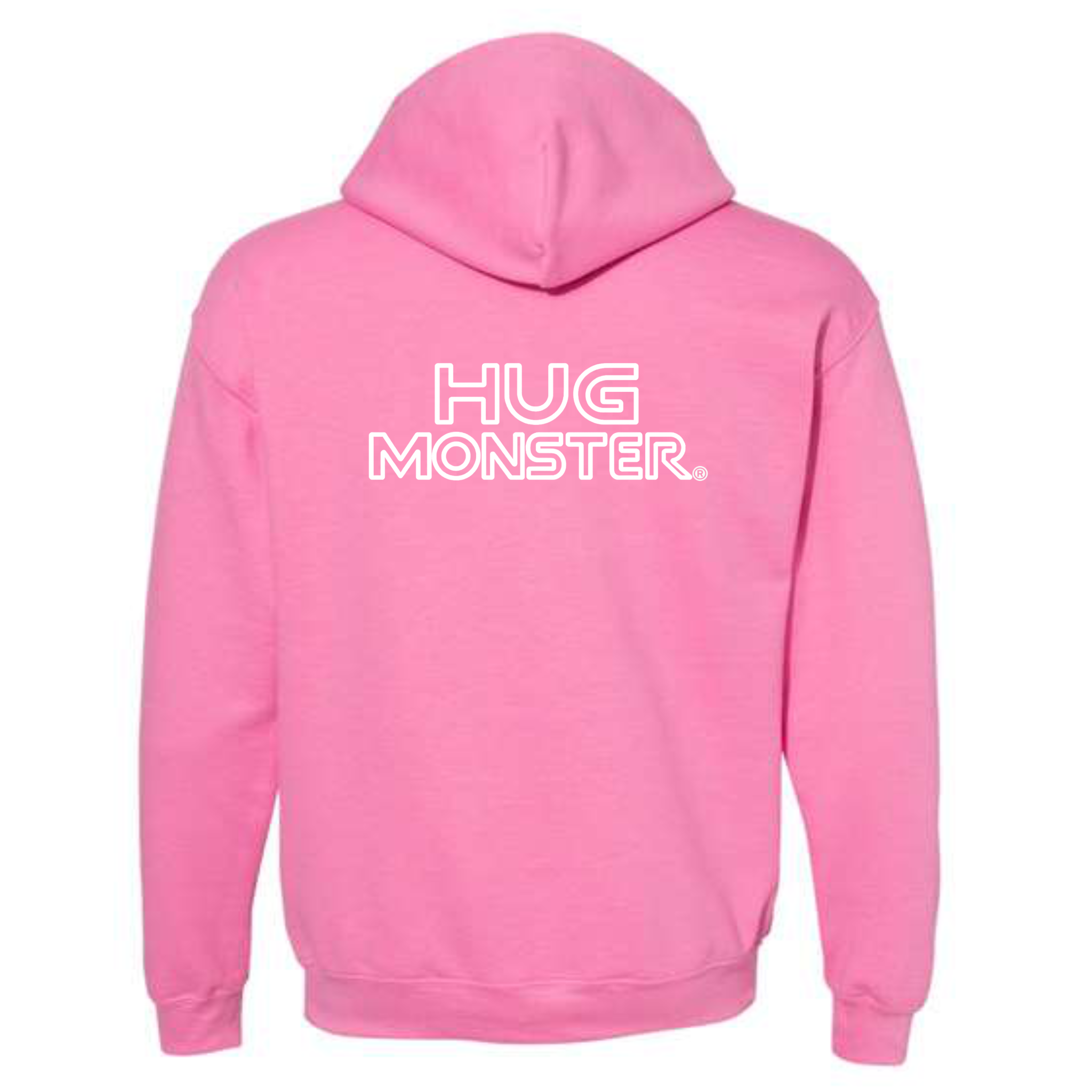 Hug Monster Retro Grid White Outline graphic hoodie in Bright Soft Rose Pink cozy fleece positive message sweatshirt