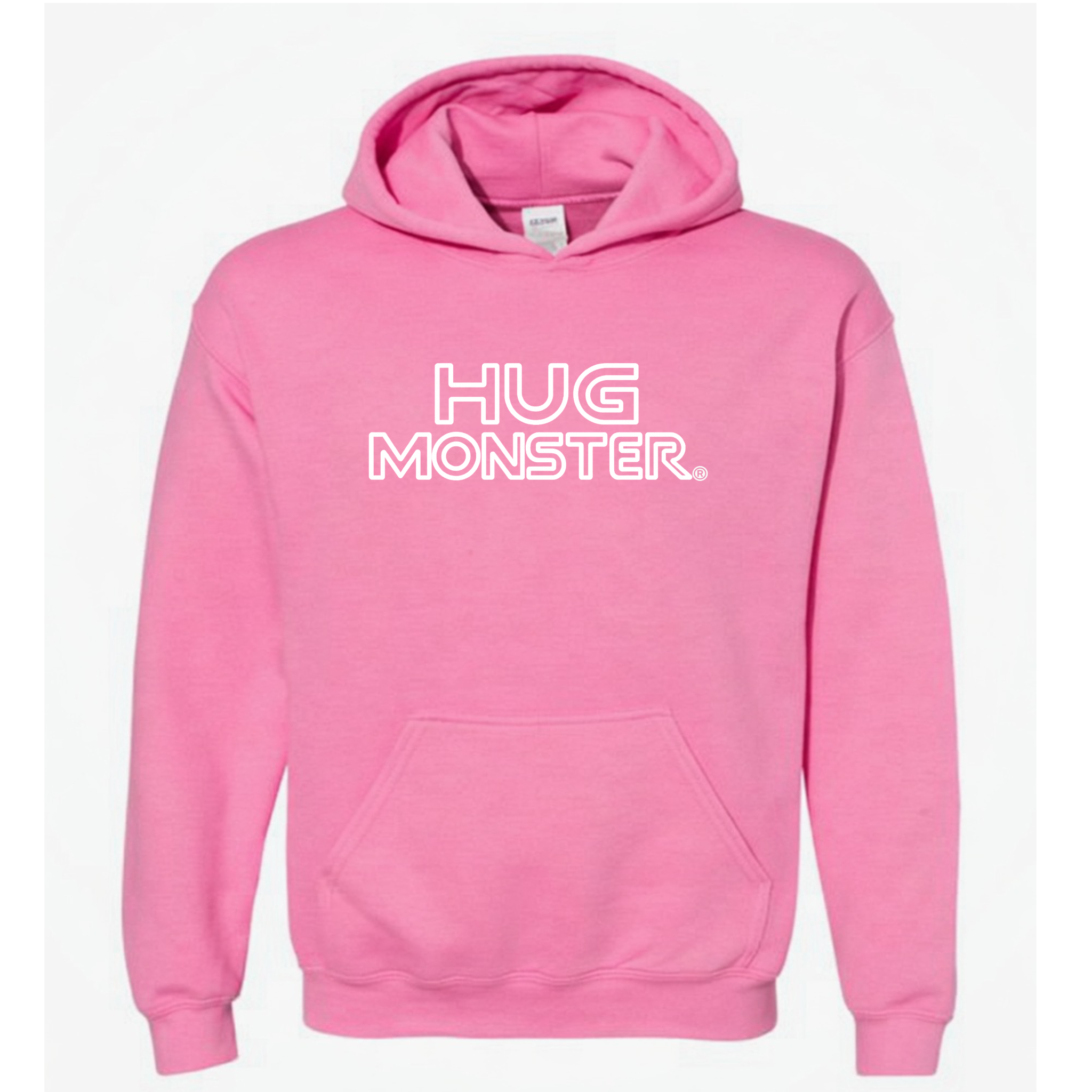 Hug Monster Retro Grid White Outline graphic hoodie in Bright Soft Rose Pink cozy fleece positive message sweatshirt