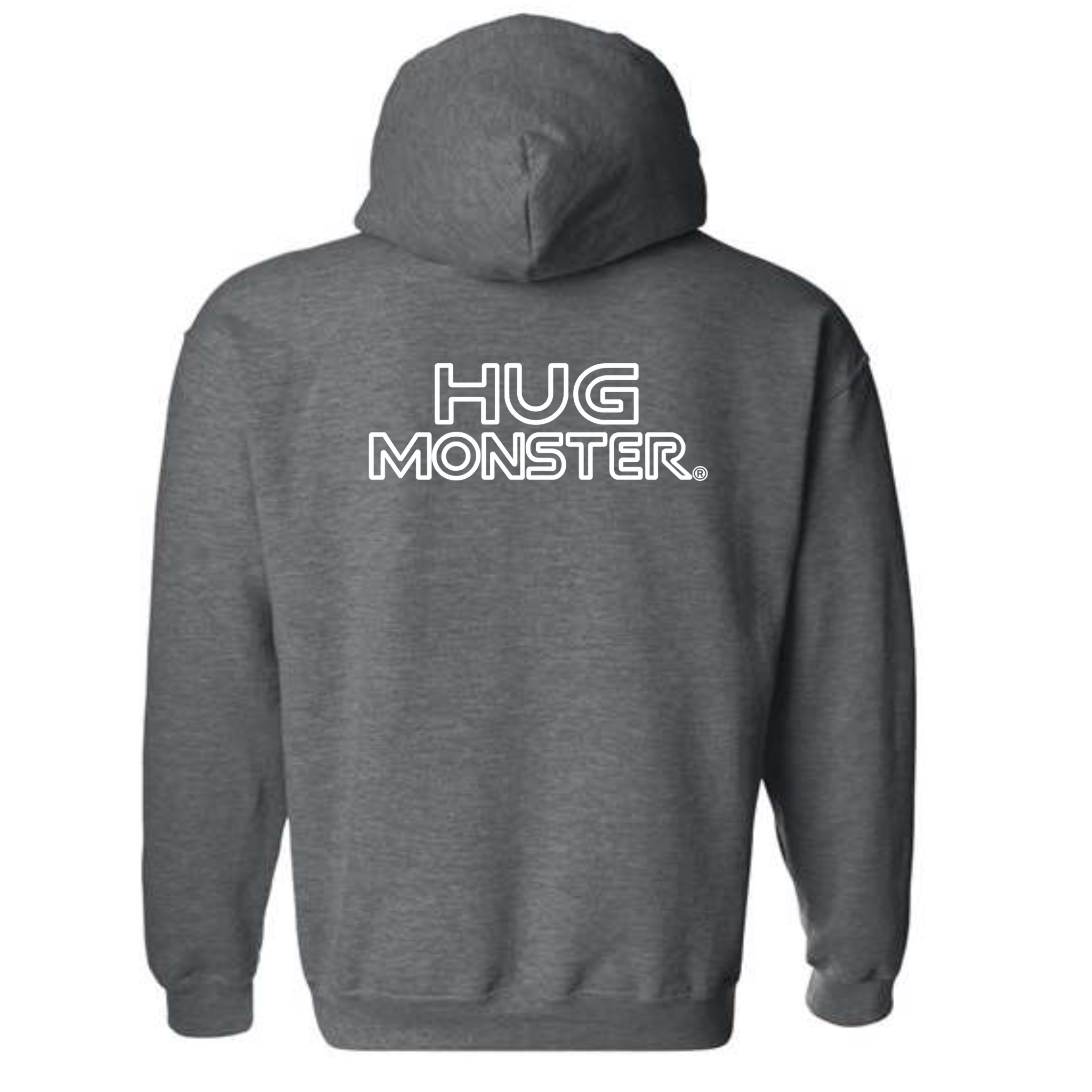 Hug Monster Retro Grid White Outline graphic hoodie in Dark Heather Grey cozy fleece positive message sweatshirt