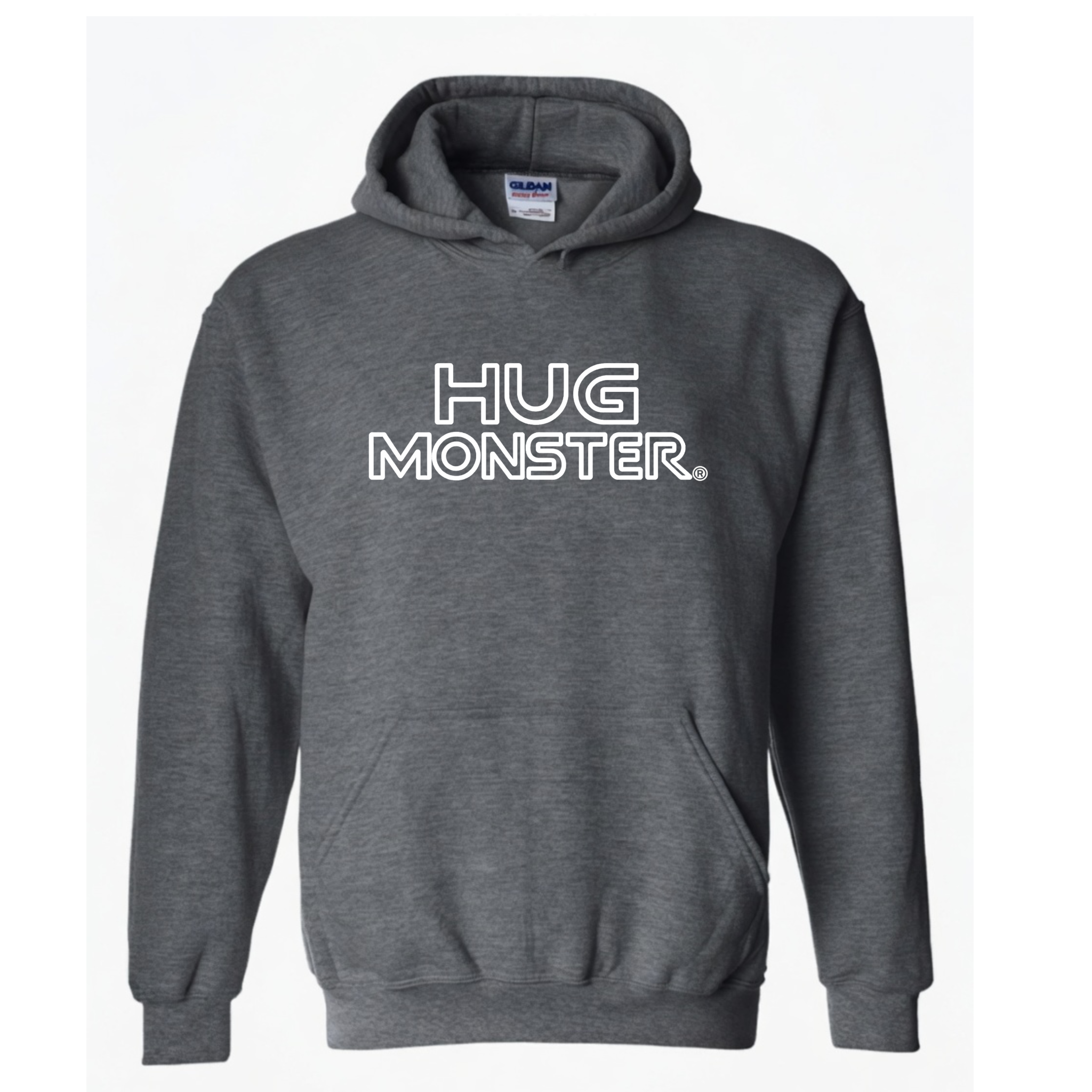 Hug Monster Retro Grid White Outline graphic hoodie in Dark Heather Grey cozy fleece positive message sweatshirt