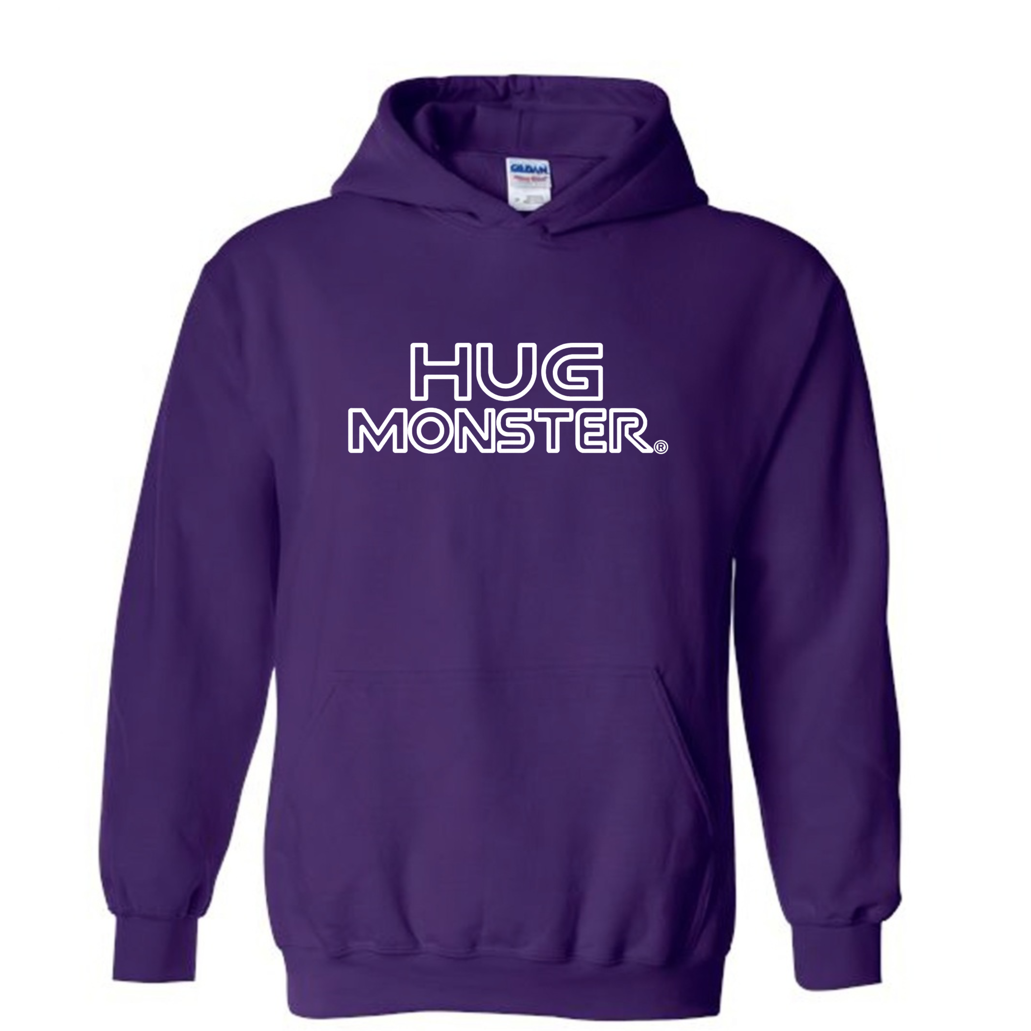 Hug Monster Retro Grid White Outline graphic hoodie in Purple cozy fleece positive message sweatshirt