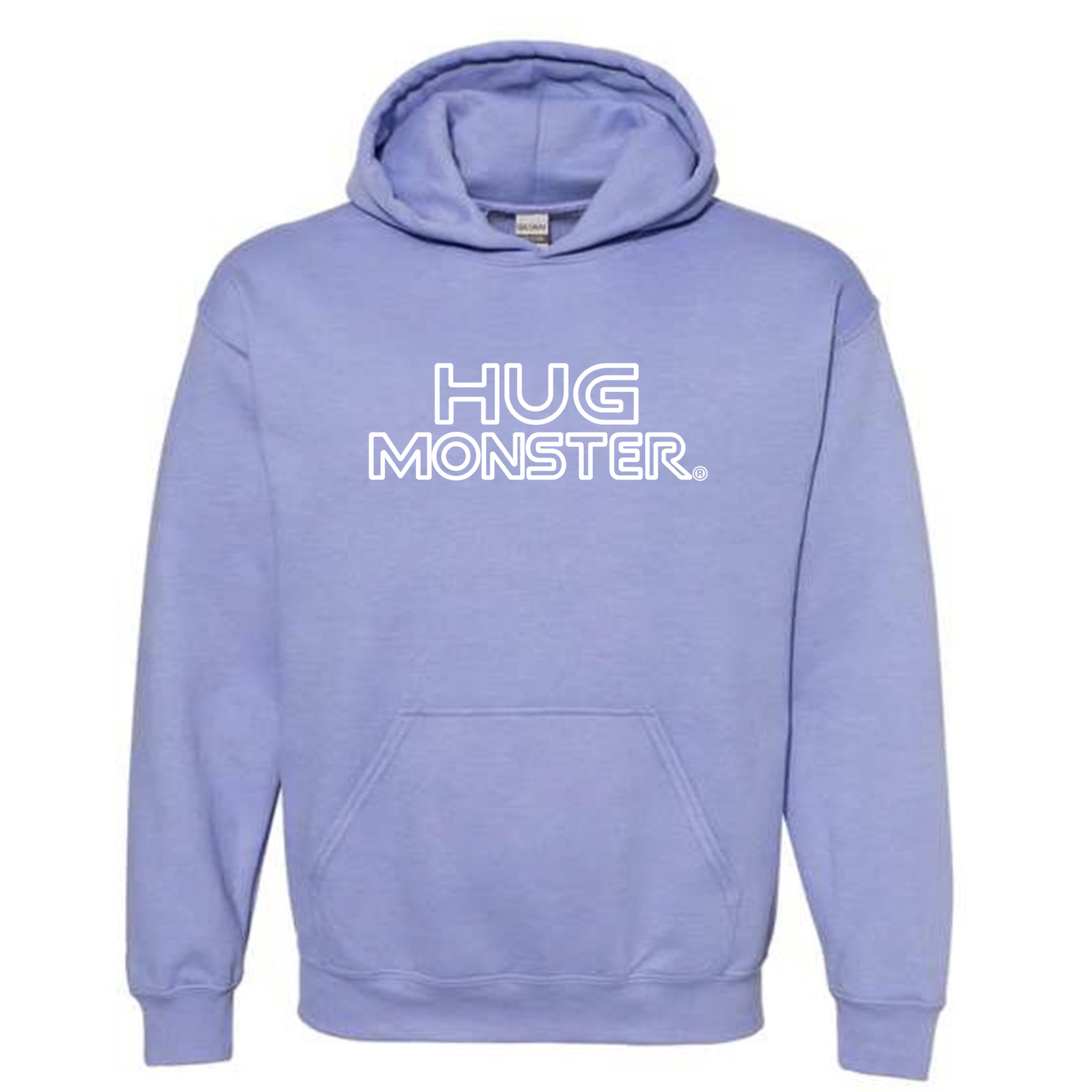 Hug Monster Retro Grid White Outline graphic hoodie in Violet cozy fleece positive message sweatshirt