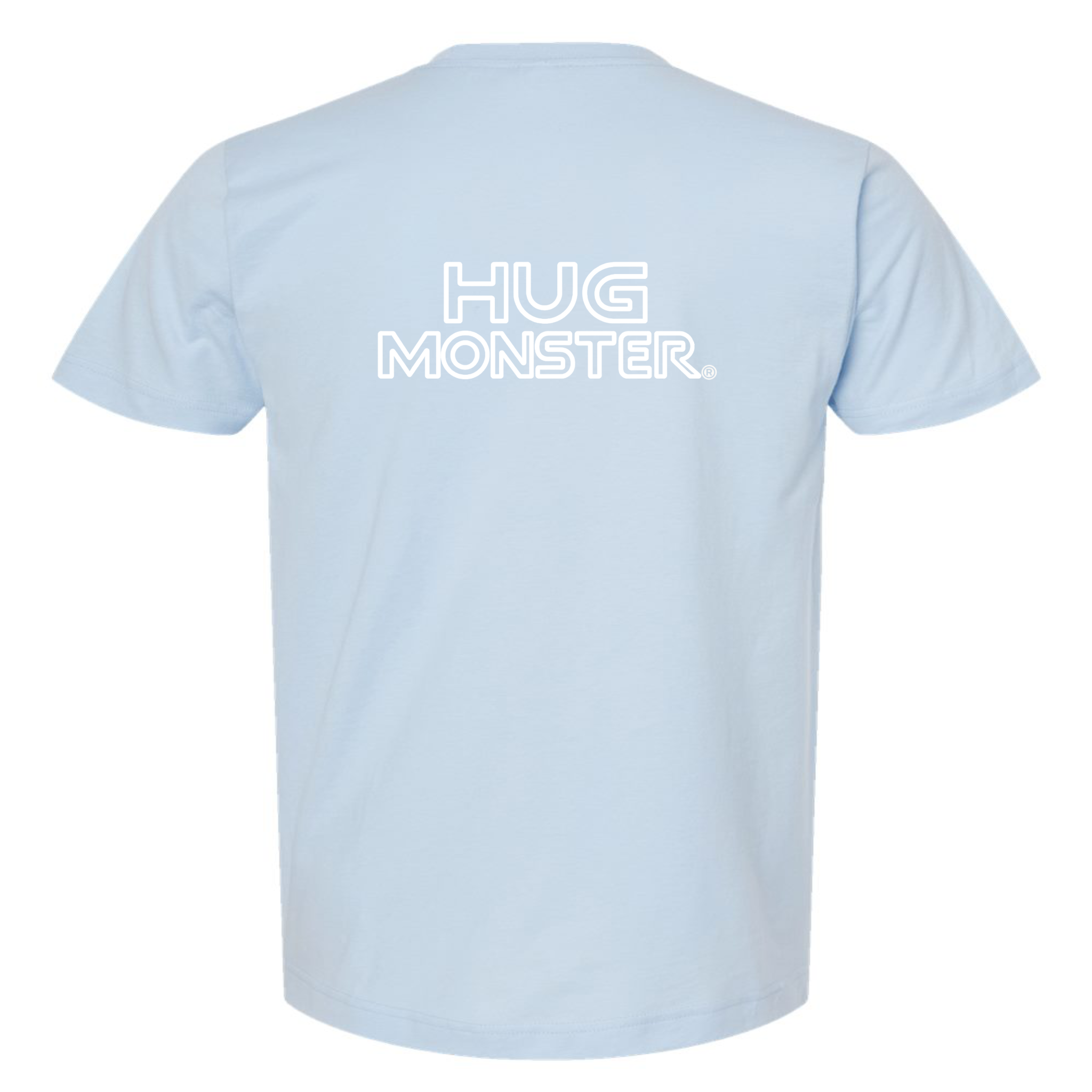Hug Monster Retro Grid White Outline T-Shirt - Positive Message Graphic Tee in Baby Blue – Back View