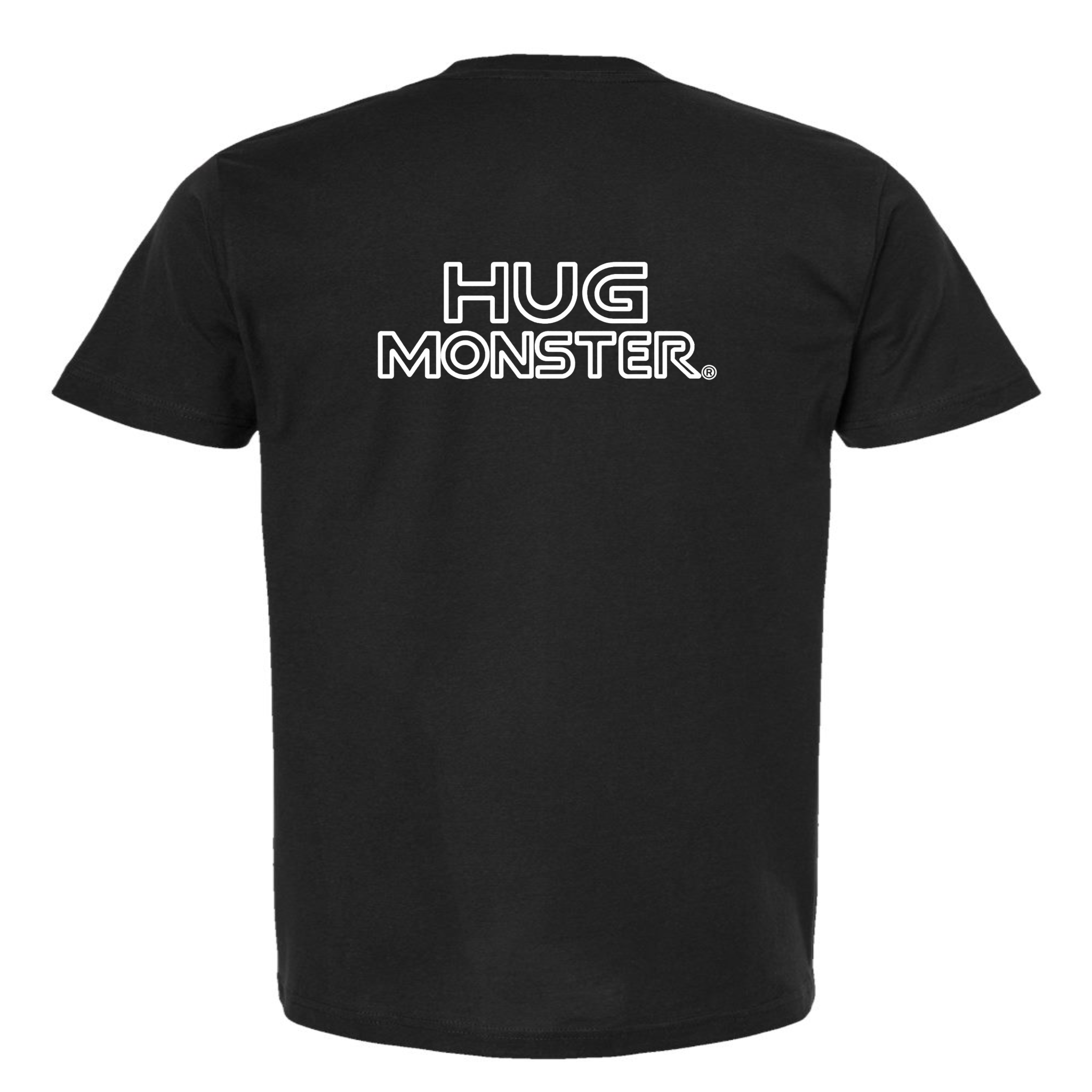 Hug Monster Retro Grid White Outline T-Shirt - Positive Message Graphic Tee in Black – Back View