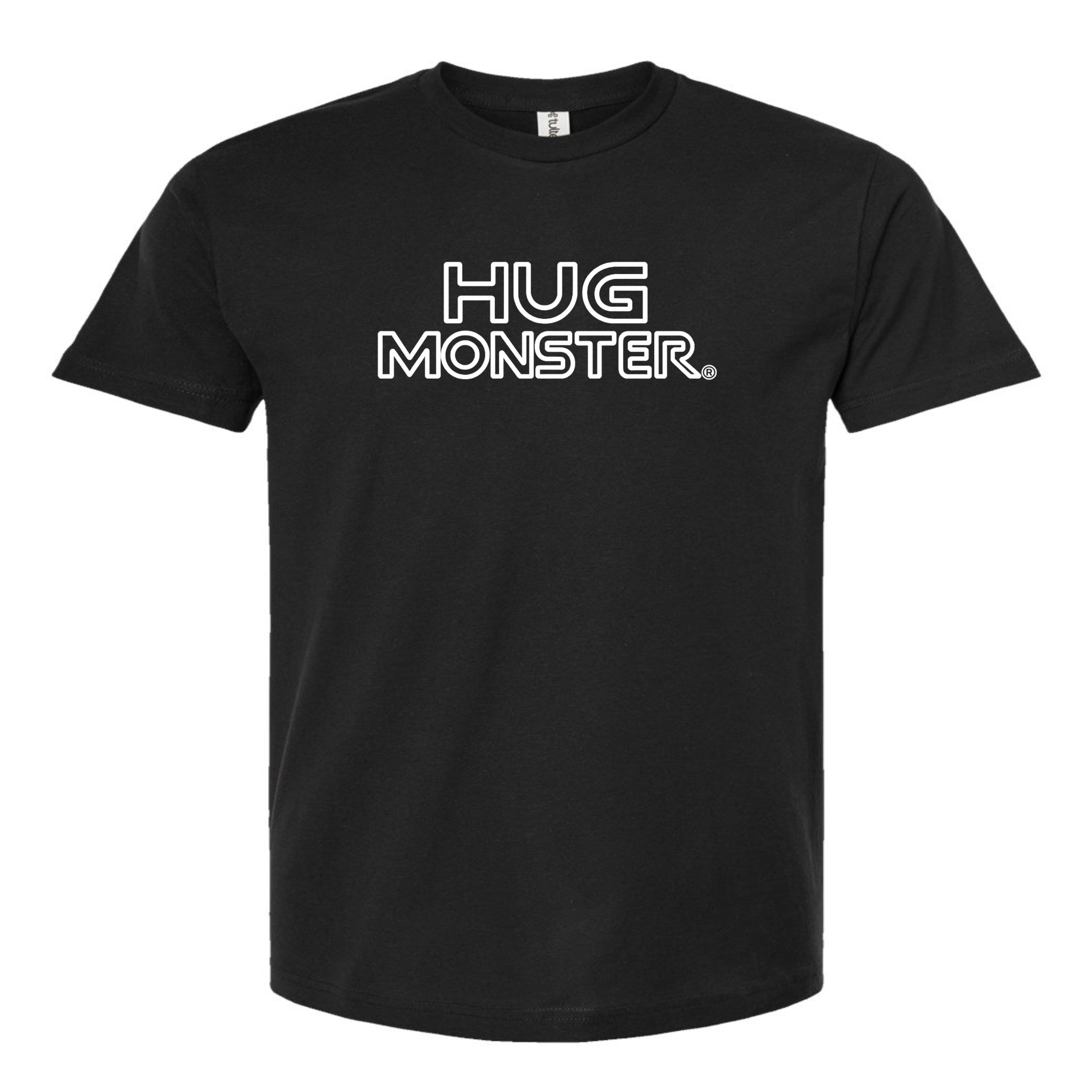 Hug Monster Retro Grid White Outline T-Shirt - Positive Message Graphic Tee in Black – Front View