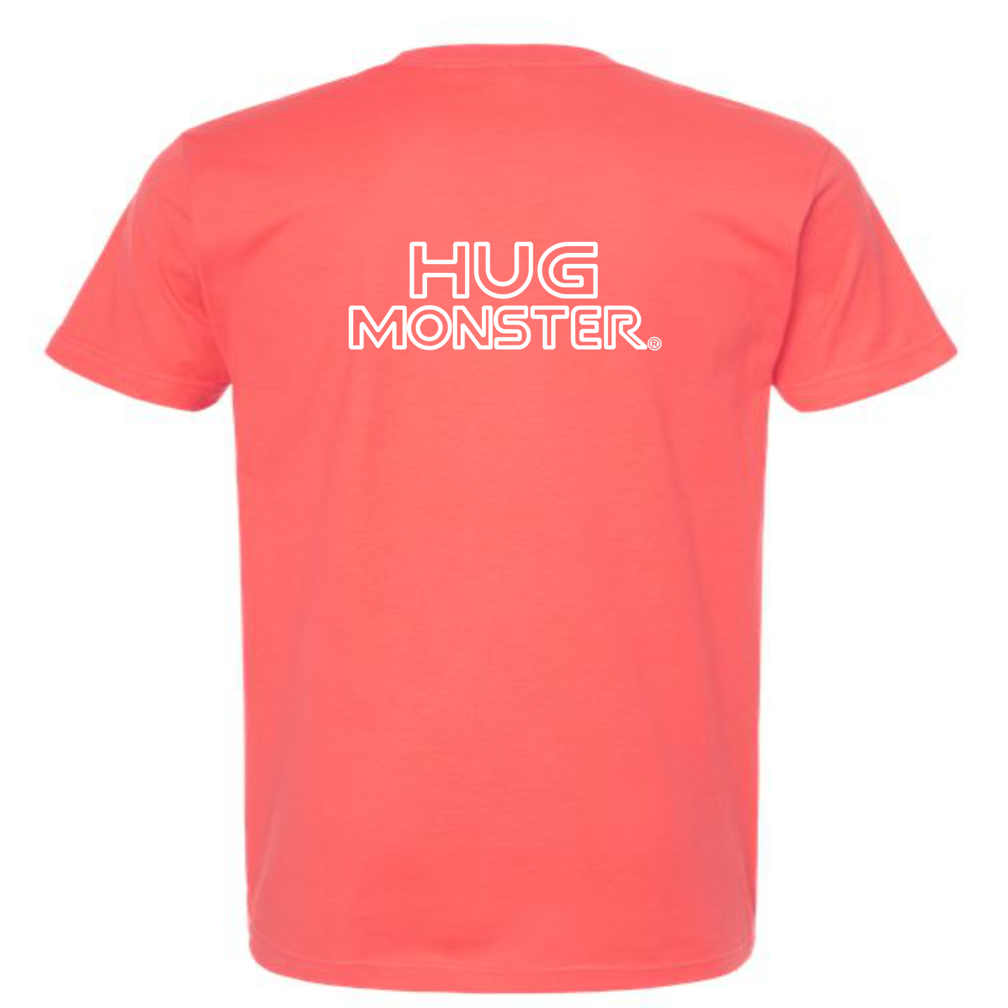 Hug Monster Retro Grid White Outline T-Shirt - Positive Message Graphic Tee in Bright Coral – Back View