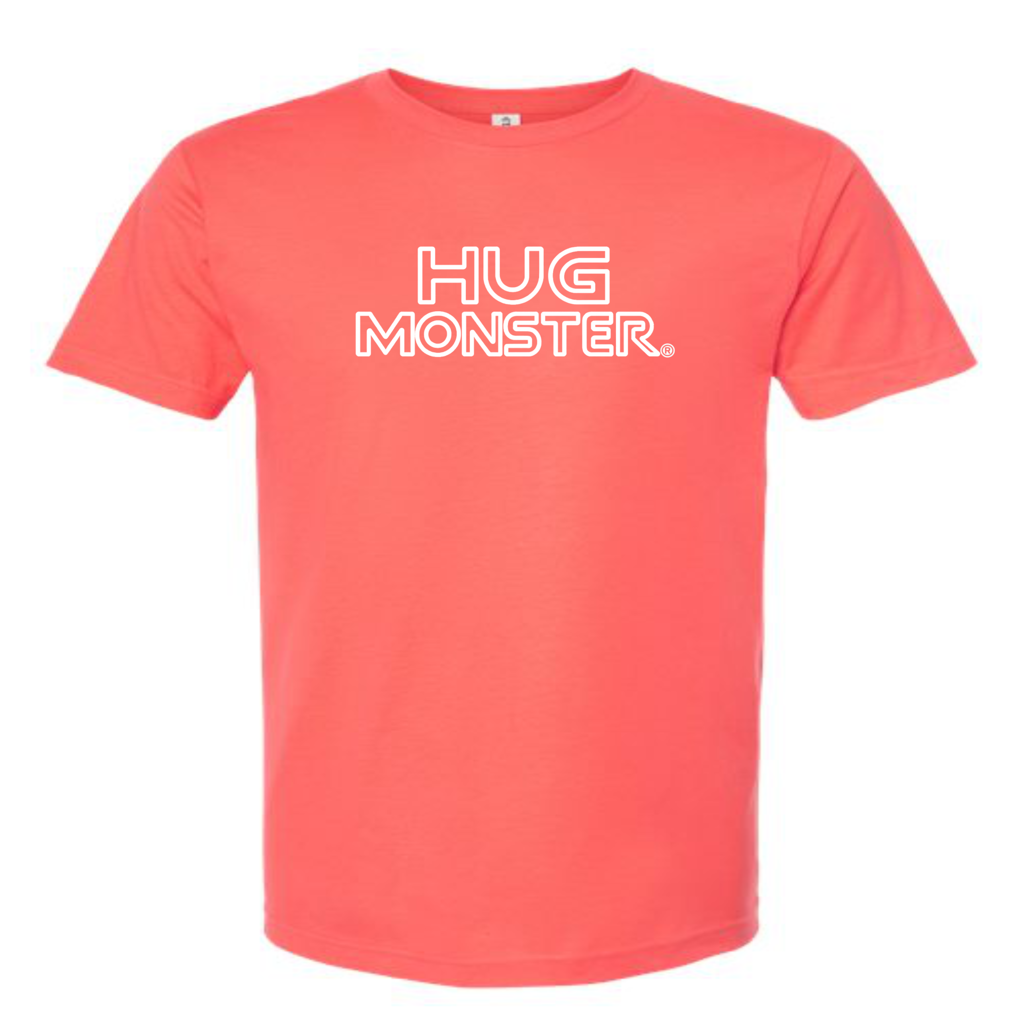 Hug Monster Retro Grid White Outline T-Shirt - Positive Message Graphic Tee in Bright Coral – Front View