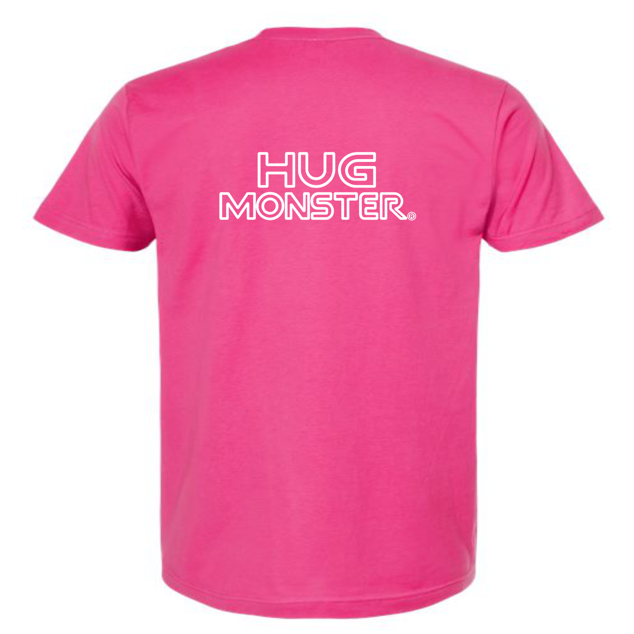 Hug Monster Retro Grid White Outline T-Shirt - Positive Message Graphic Tee in Bright Fuscia – Back View