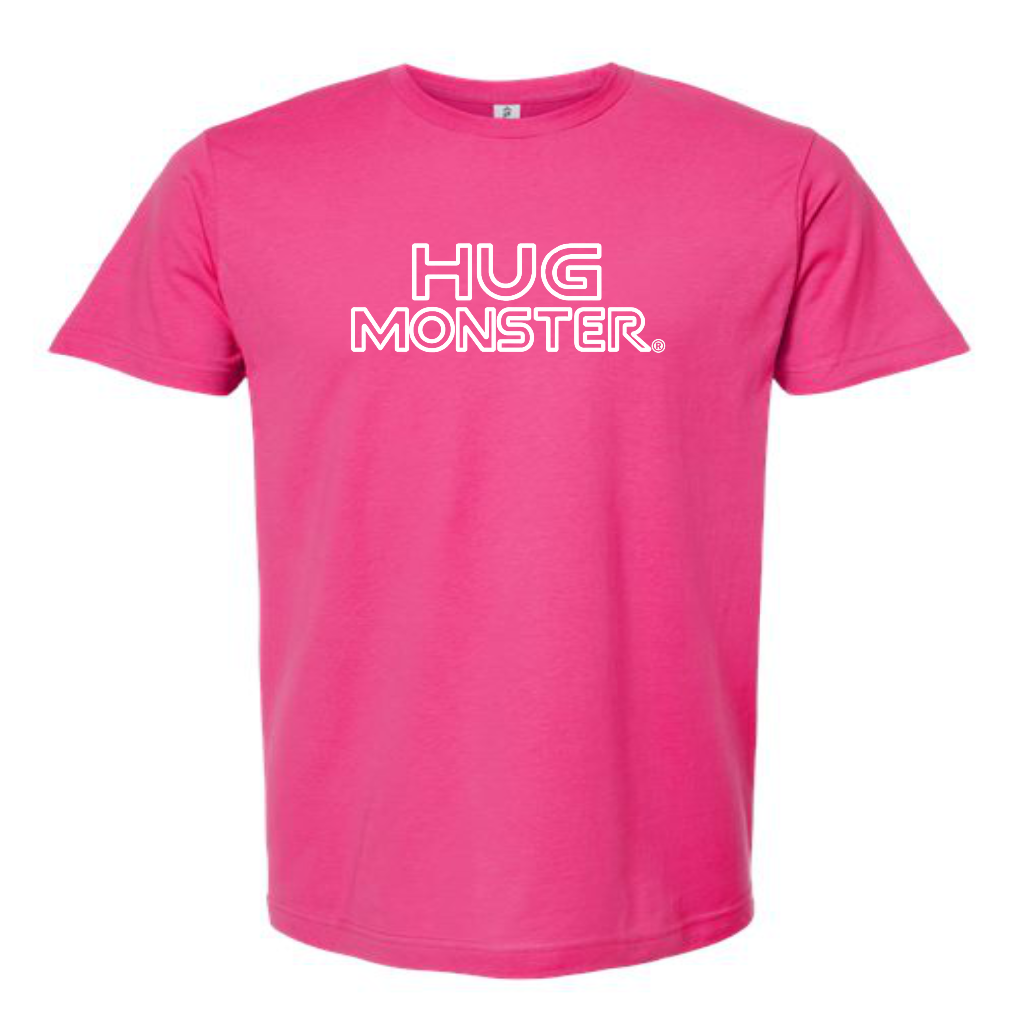 Hug Monster Retro Grid White Outline T-Shirt - Positive Message Graphic Tee in Bright Fuscia – Front View