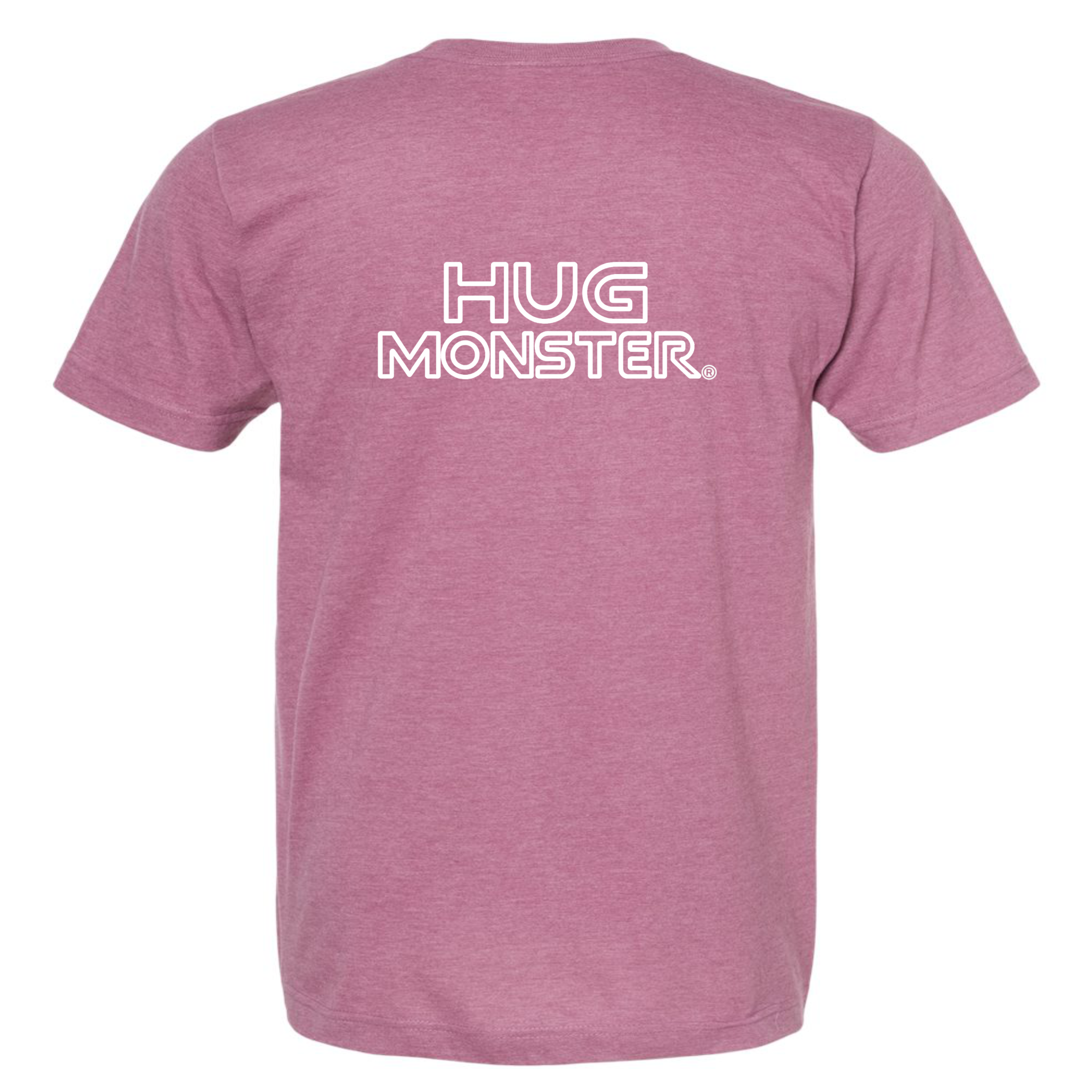 Hug Monster Retro Grid White Outline T-Shirt - Positive Message Graphic Tee in Heather Dusty Rose Pink – Back View