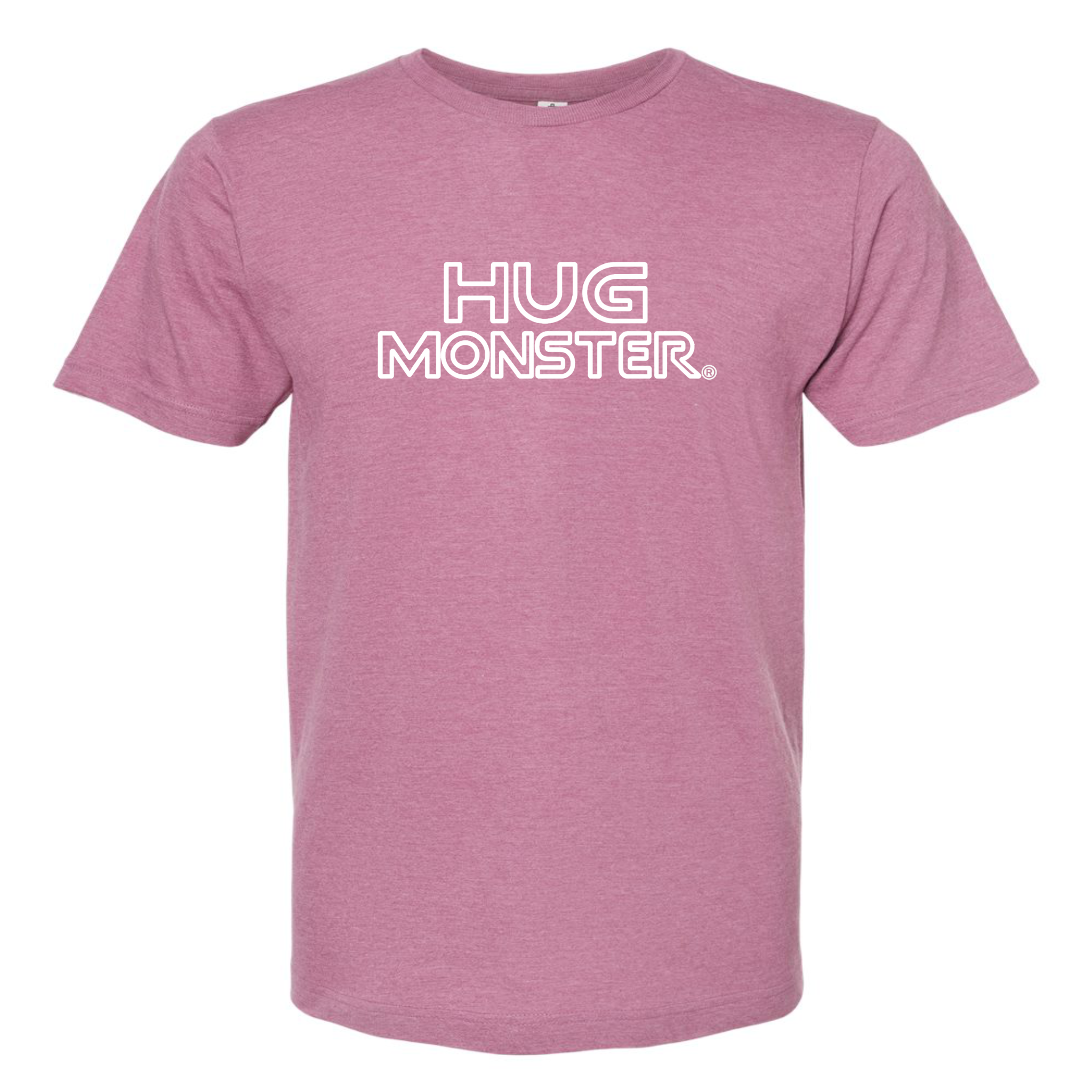 Hug Monster Retro Grid White Outline T-Shirt - Positive Message Graphic Tee in Heather Dusty Rose Pink – Front View