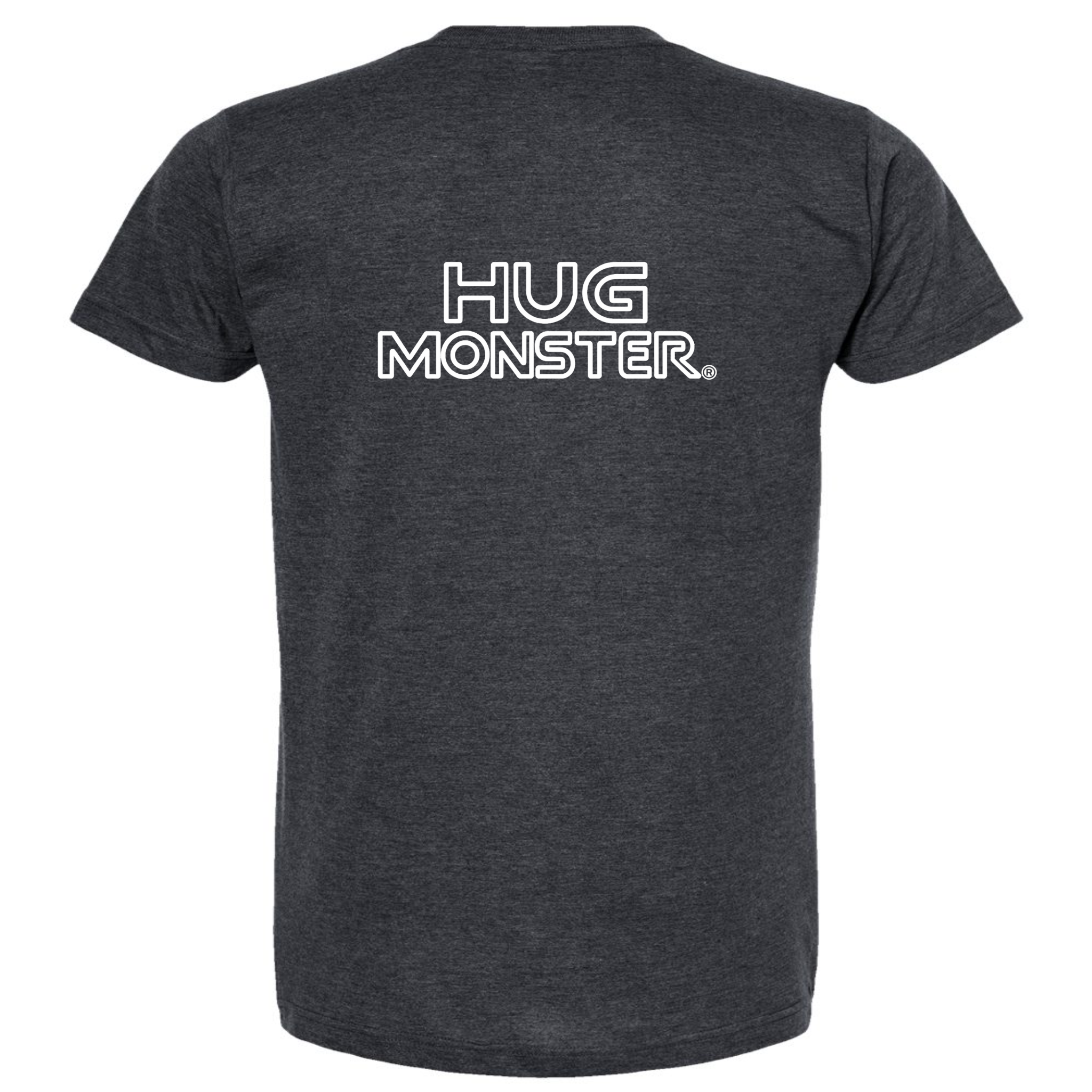 Hug Monster Retro Grid White Outline T-Shirt - Positive Message Graphic Tee in Heather Graphite – Back View