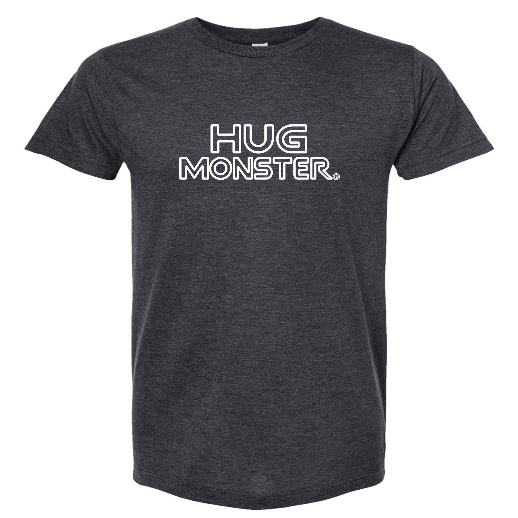 Hug Monster Retro Grid White Outline T-Shirt - Positive Message Graphic Tee in Heather Graphite – Front View
