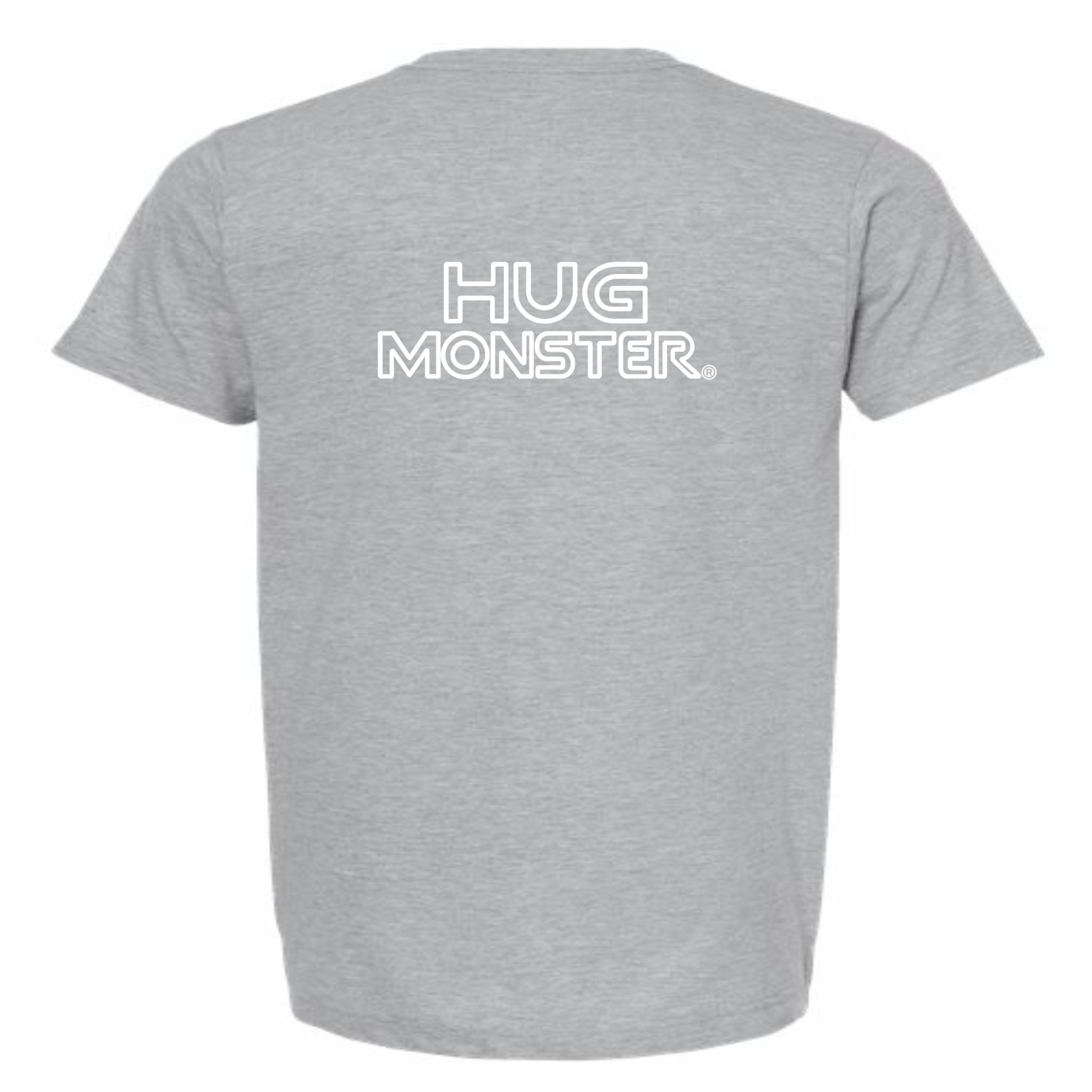 Hug Monster Retro Grid White Outline T-Shirt - Positive Message Graphic Tee in Heather Grey – Back View
