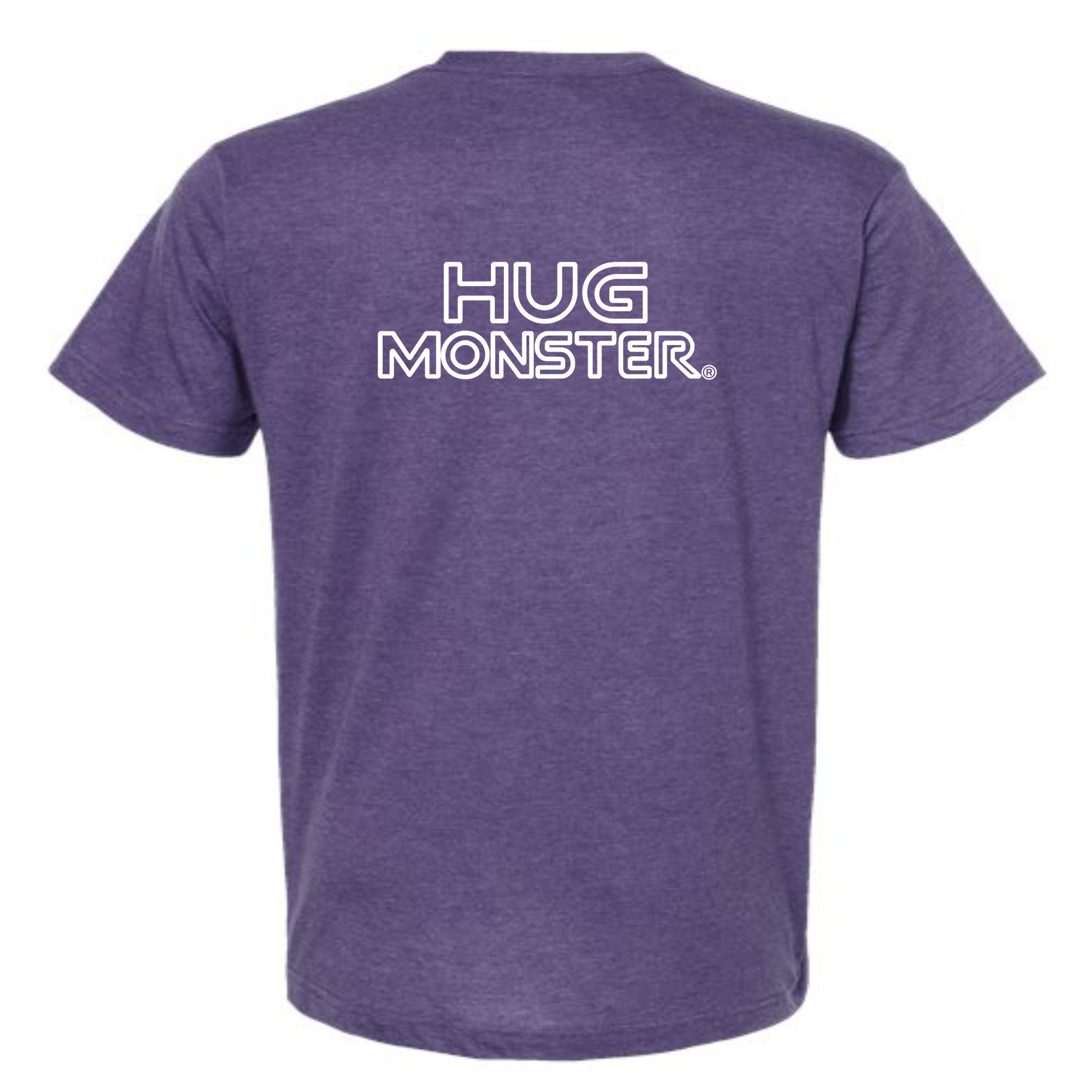 Hug Monster Retro Grid White Outline T-Shirt - Positive Message Graphic Tee in Heather Purple – Back View