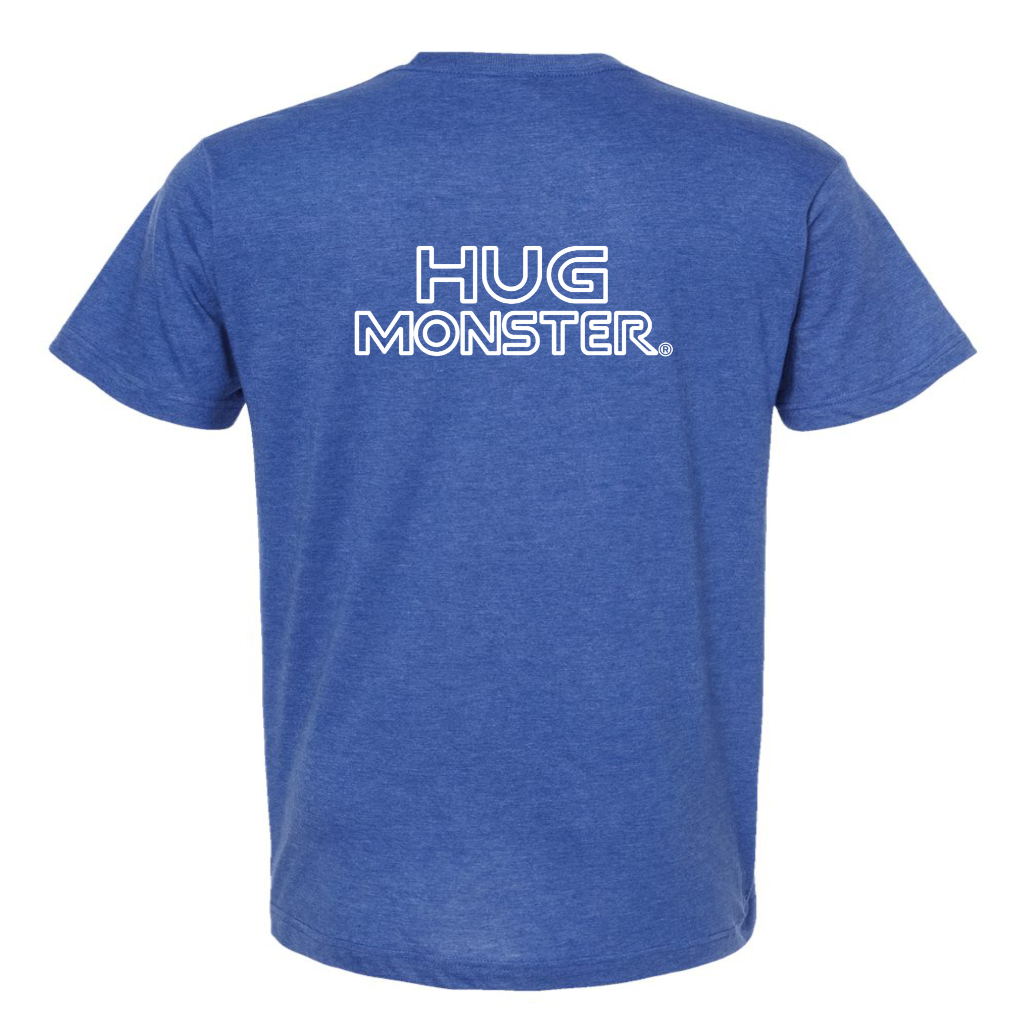 Hug Monster Retro Grid White Outline T-Shirt - Positive Message Graphic Tee in Heather Royal Blue – Back View
