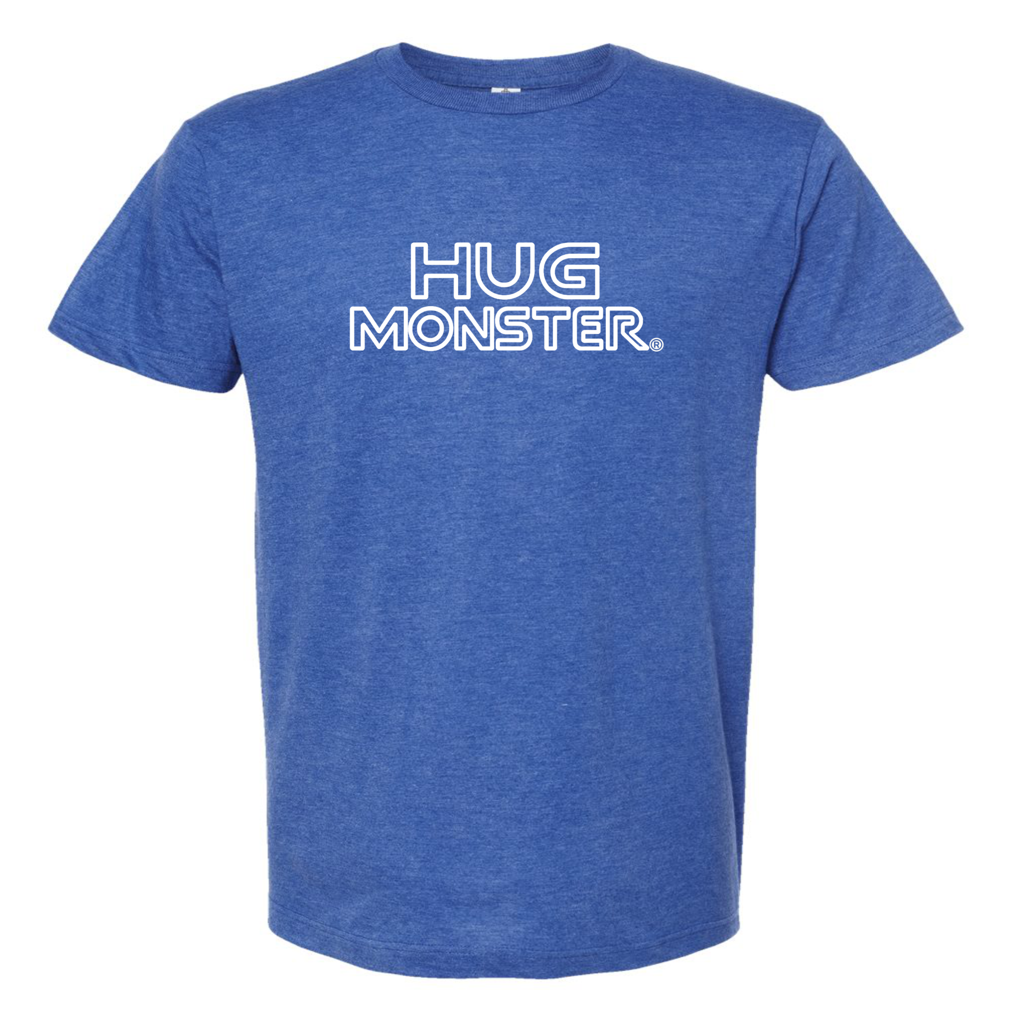 Hug Monster Retro Grid White Outline T-Shirt - Positive Message Graphic Tee in Heather Royal Blue – Front View