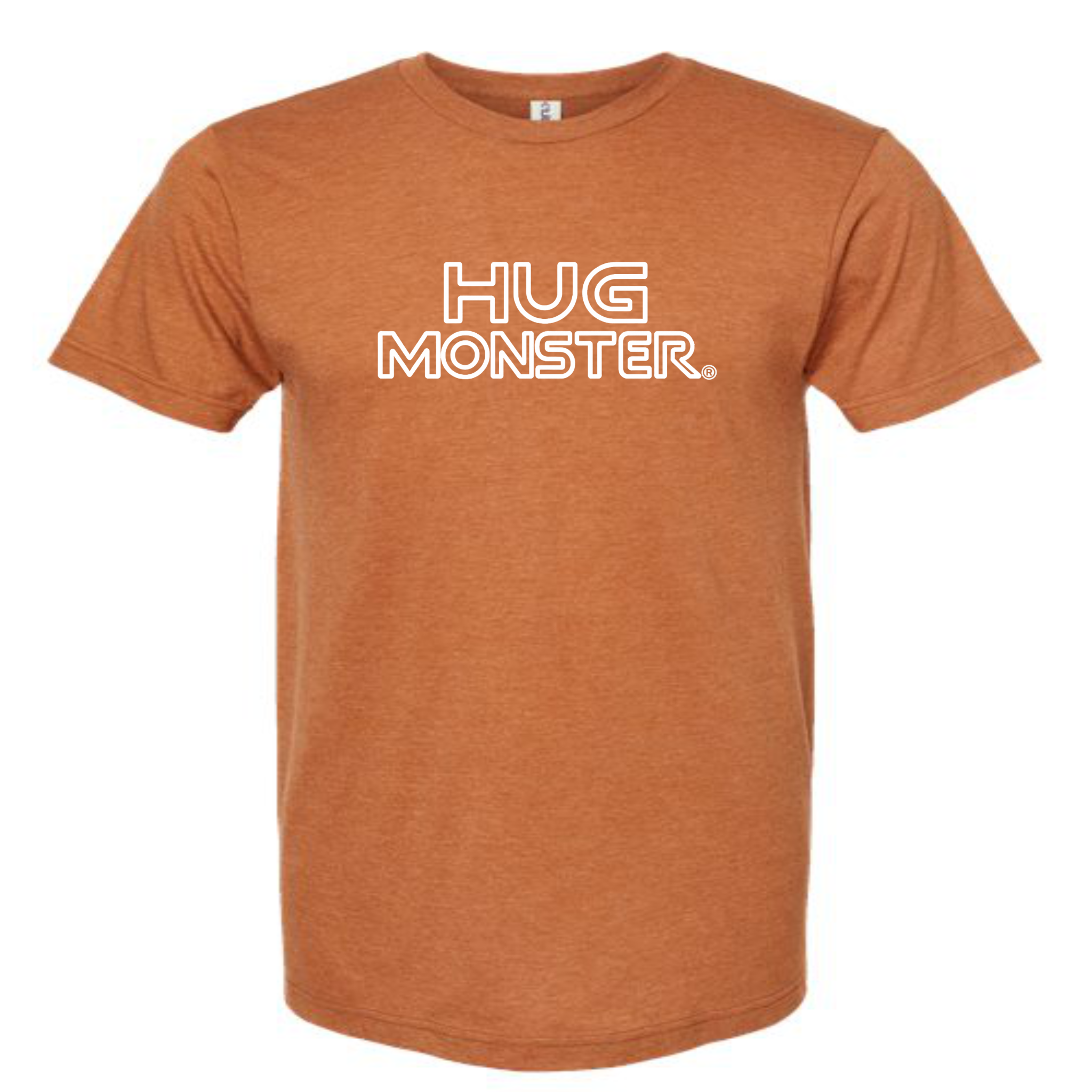 Hug Monster Retro Grid White Outline T-Shirt - Positive Message Graphic Tee in Heather Rust – Front View