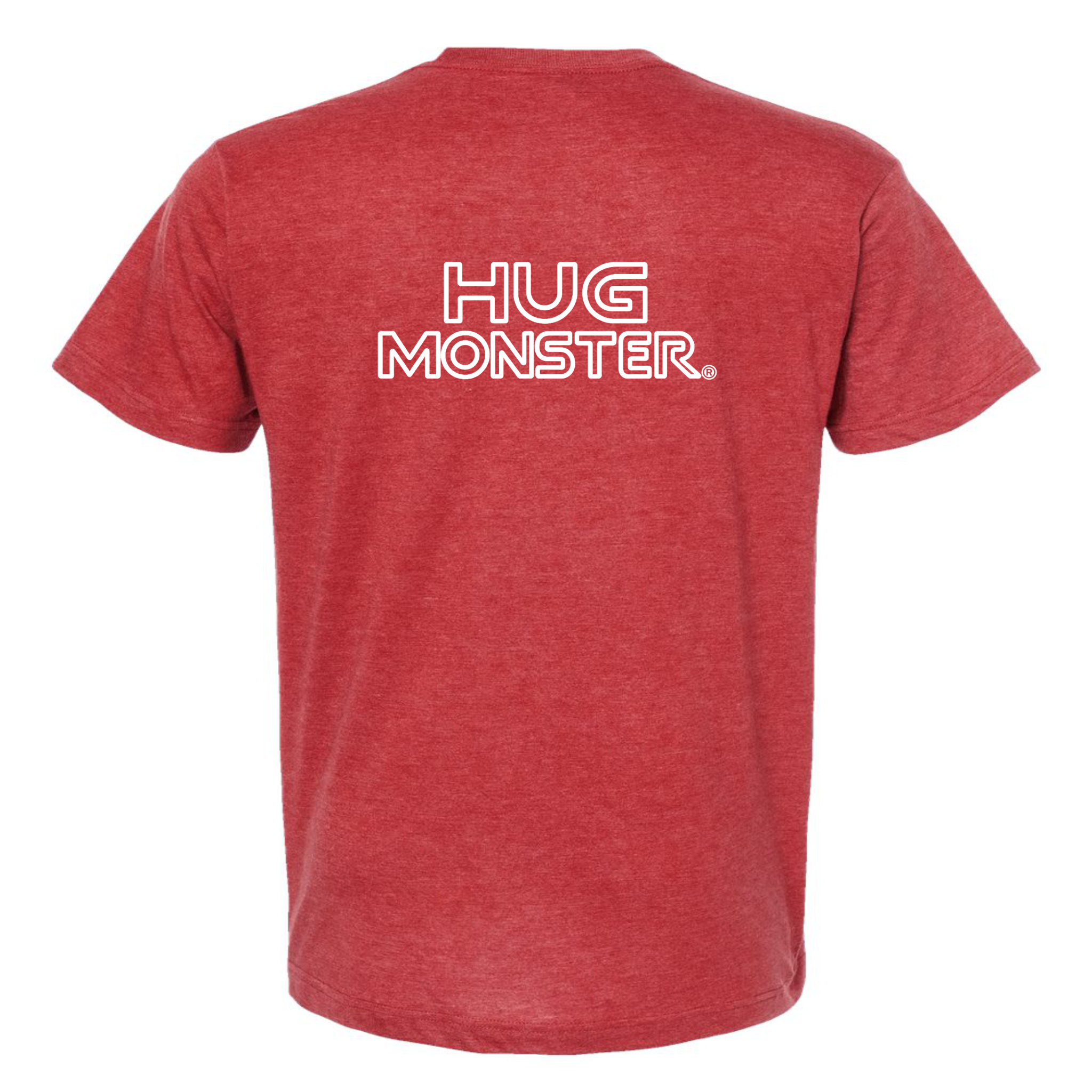 Hug Monster Retro Grid White Outline T-Shirt - Positive Message Graphic Tee in Heather Scarlet Red – Back View