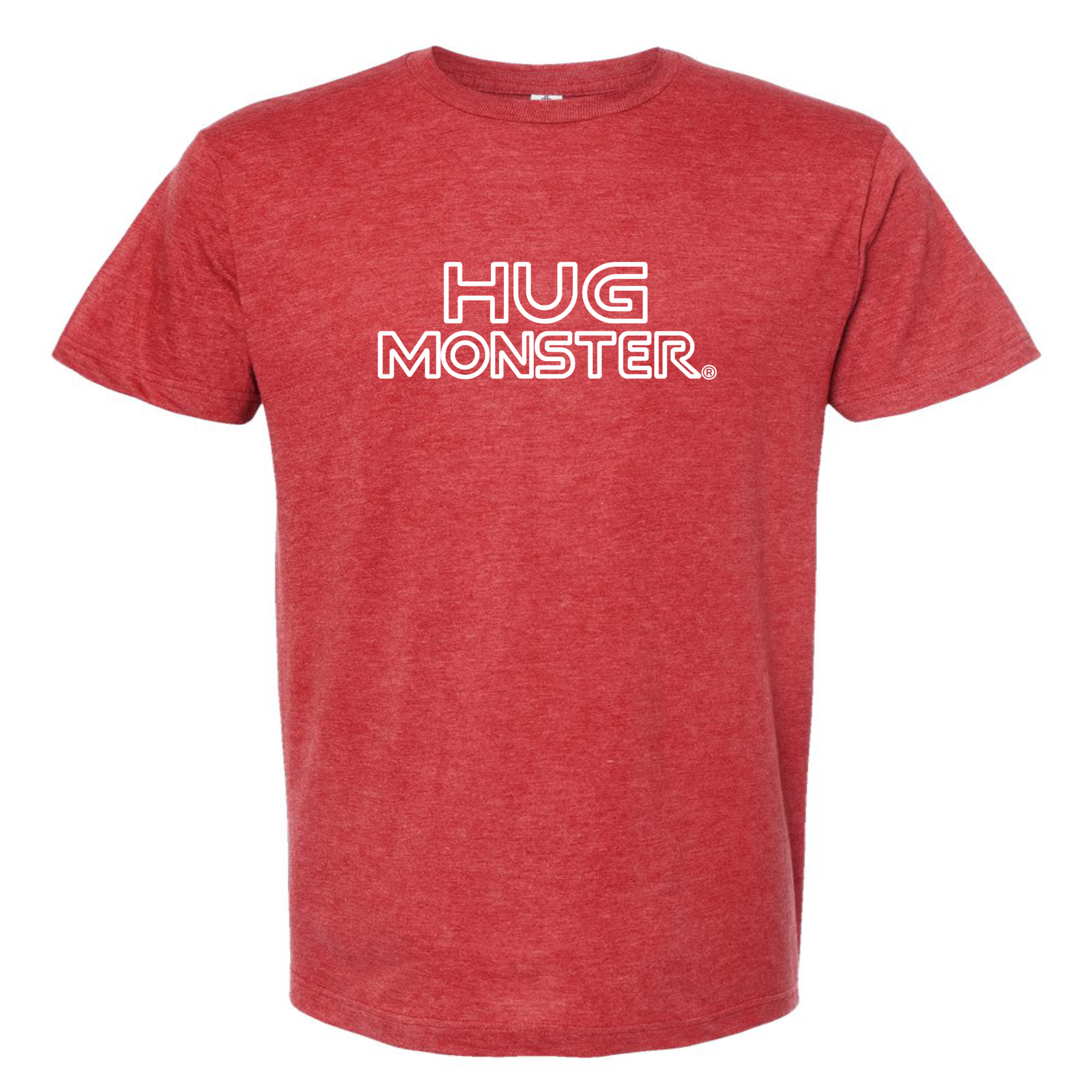 Hug Monster Retro Grid White Outline T-Shirt - Positive Message Graphic Tee in Heather Scarlet Red – Front View