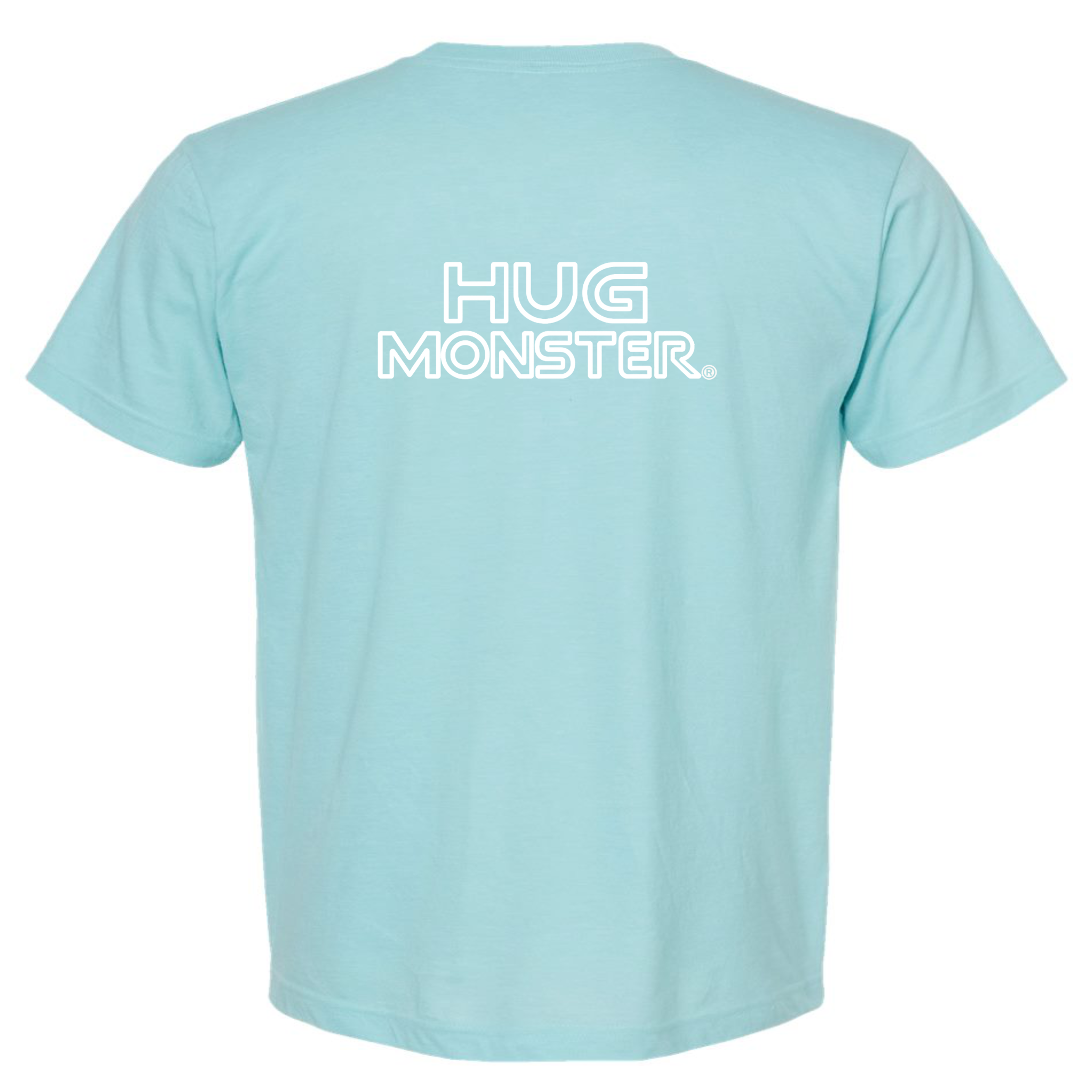 Hug Monster Retro Grid White Outline T-Shirt - Positive Message Graphic Tee in Heather Turquoise – Back View