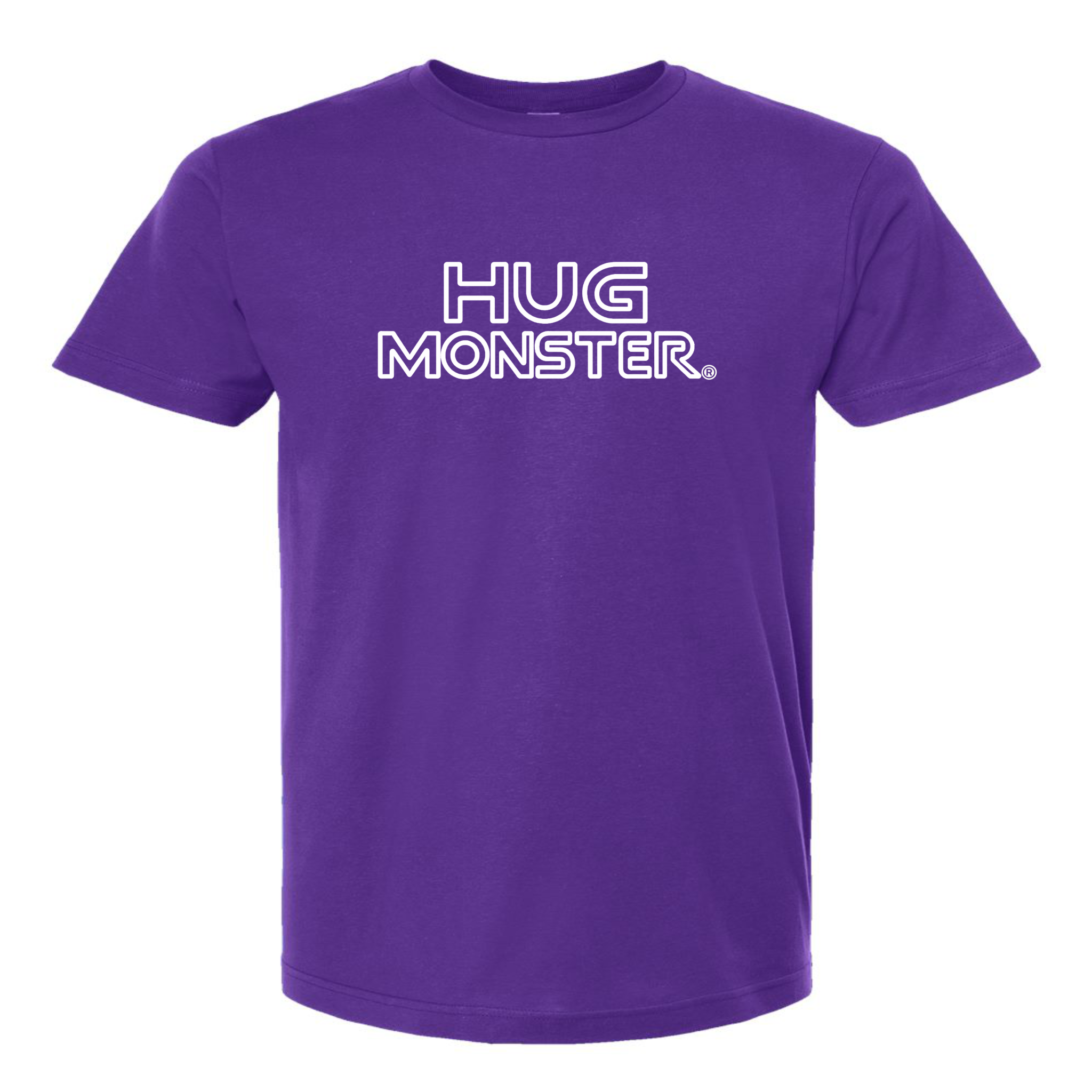 Hug Monster Retro Grid White Outline T-Shirt - Positive Message Graphic Tee in Purple – Front View