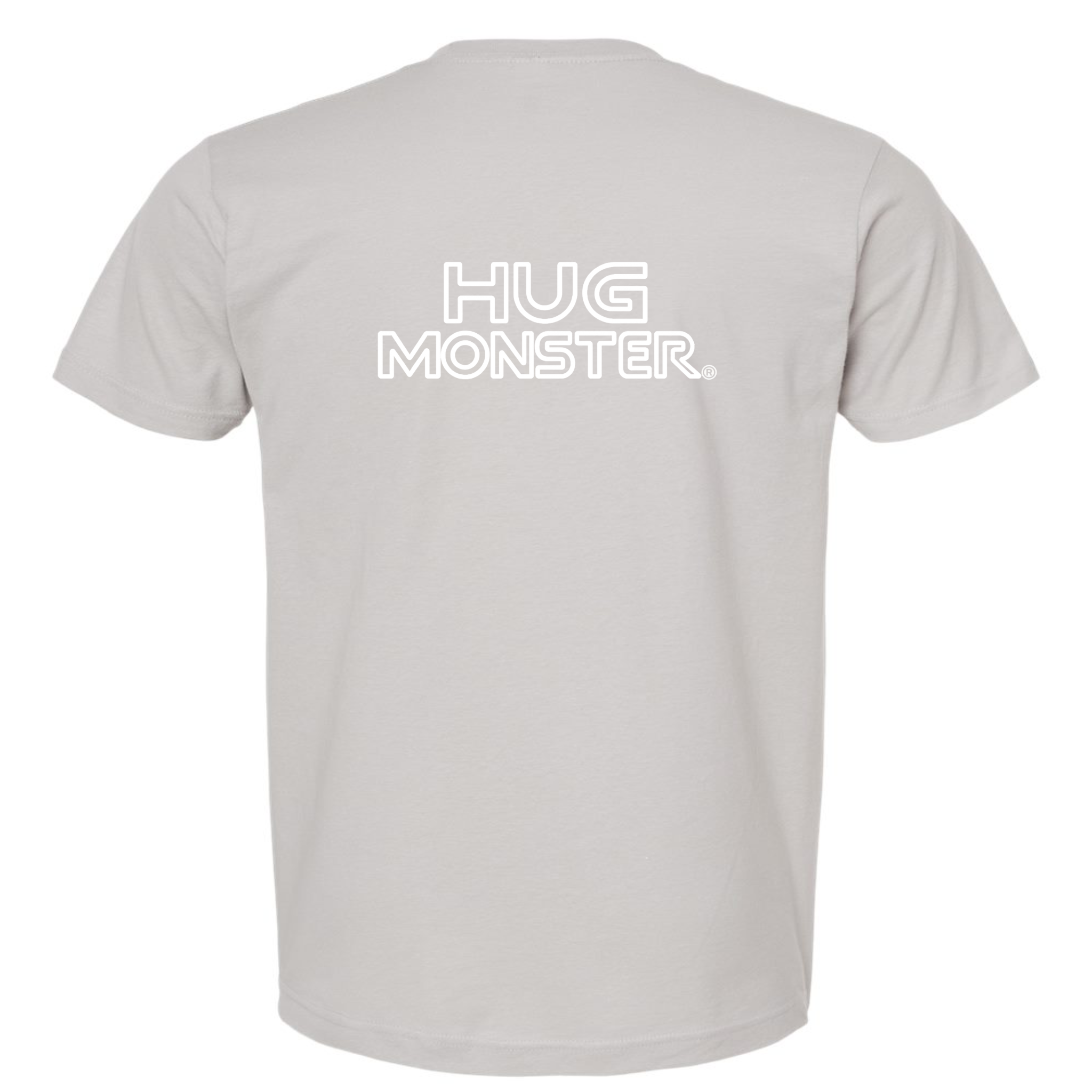 Hug Monster Retro Grid White Outline T-Shirt - Positive Message Graphic Tee in Silver – Back View