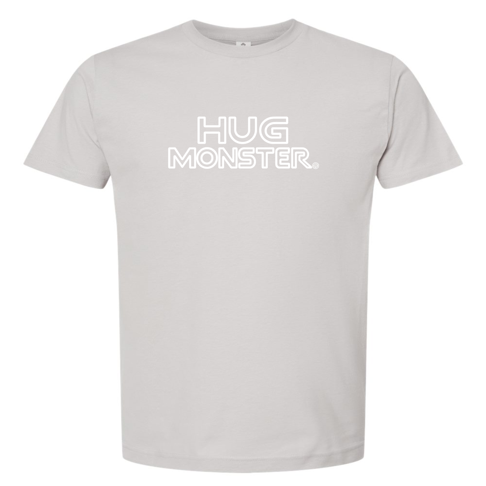 Hug Monster Retro Grid White Outline T-Shirt - Positive Message Graphic Tee in Silver – Front View