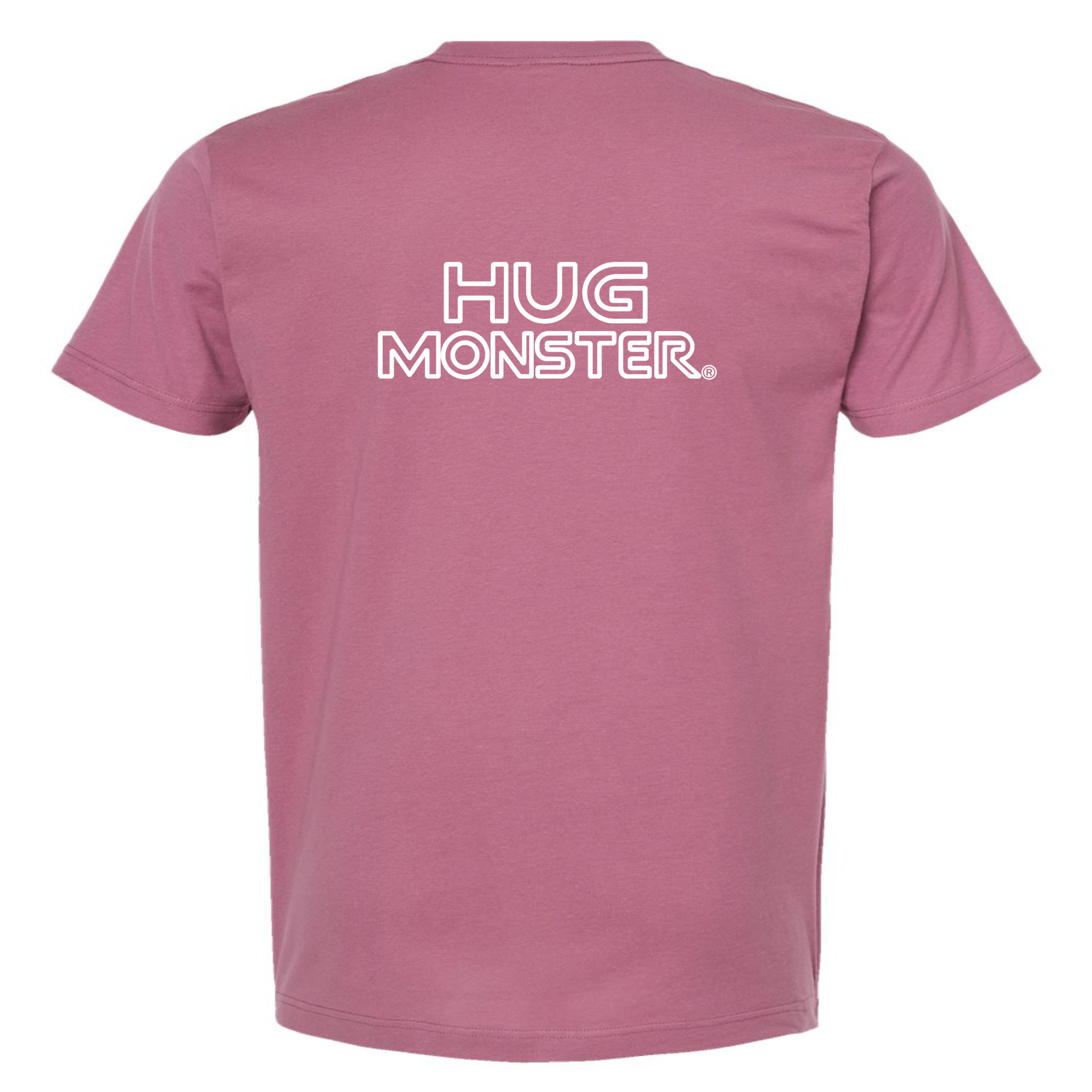 Hug Monster Retro Grid White Outline T-Shirt - Positive Message Graphic Tee in Soft Dusty Rose Pink – Back View